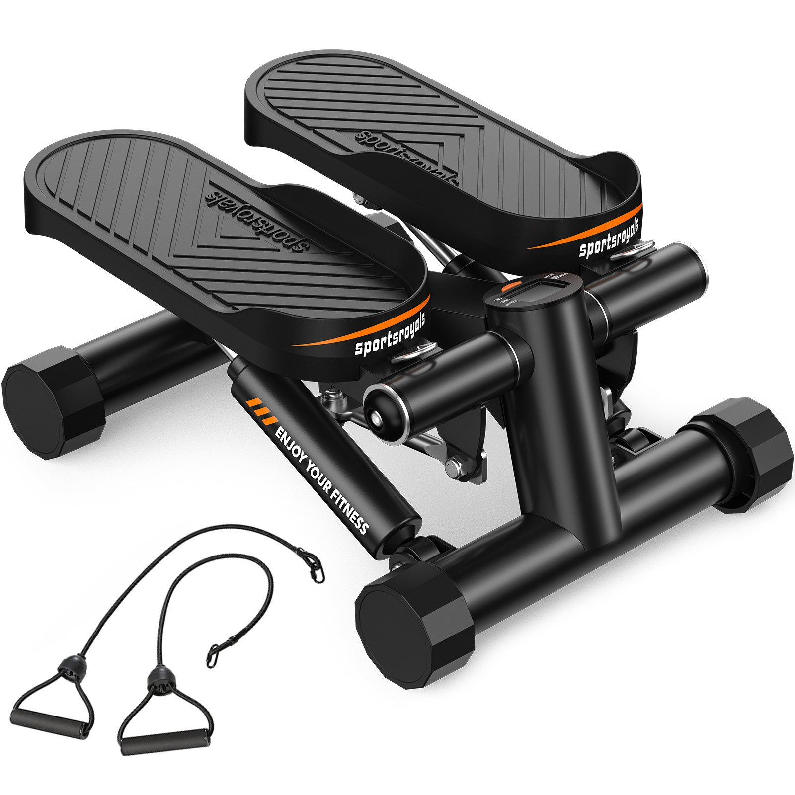 Ein schwarzer Stepper mit zwei Pedalen, Widerstandsbändern und einem kleinen Display.