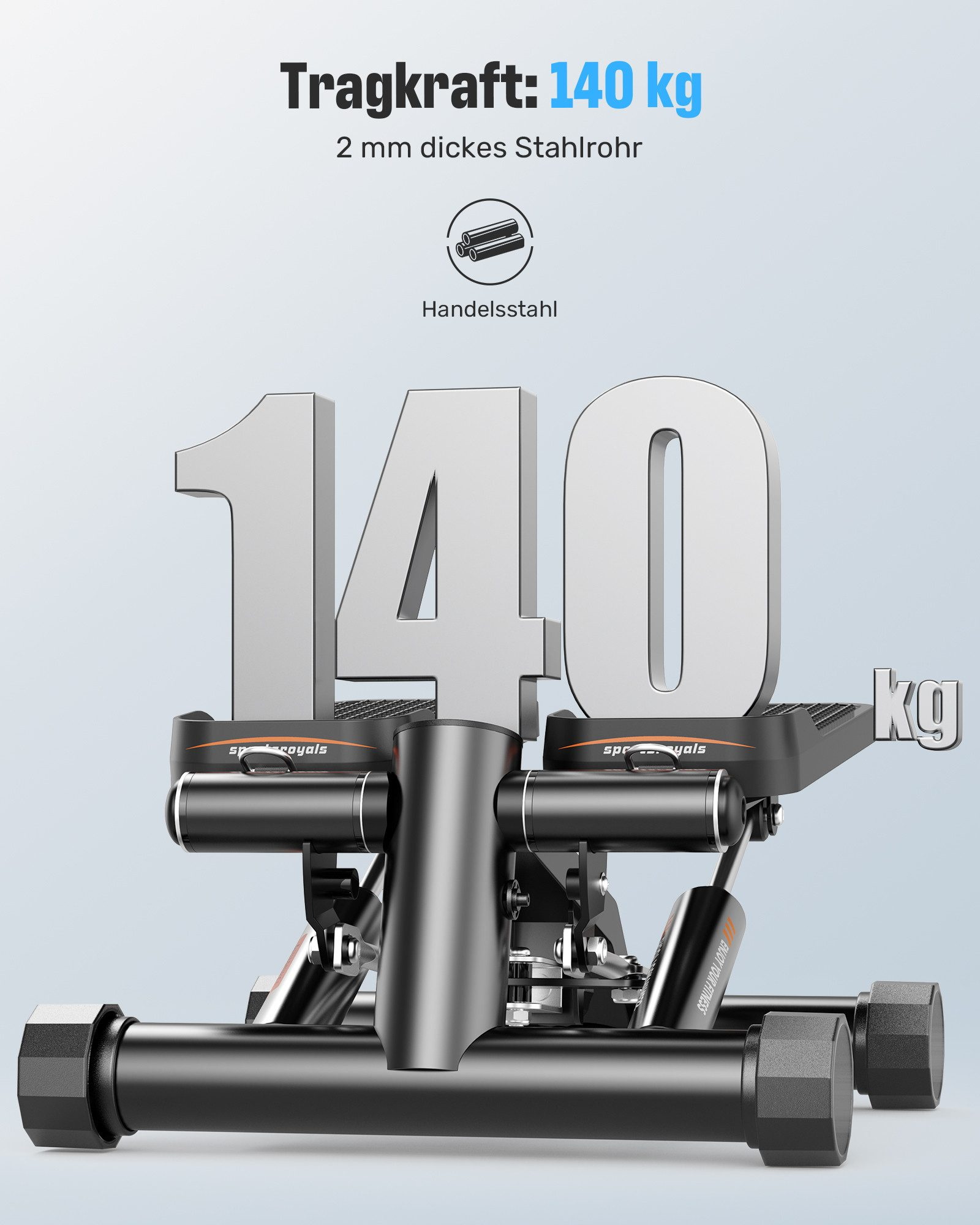 Ein silberner Stepper mit großen silbernen Zahlen 140 und kg.