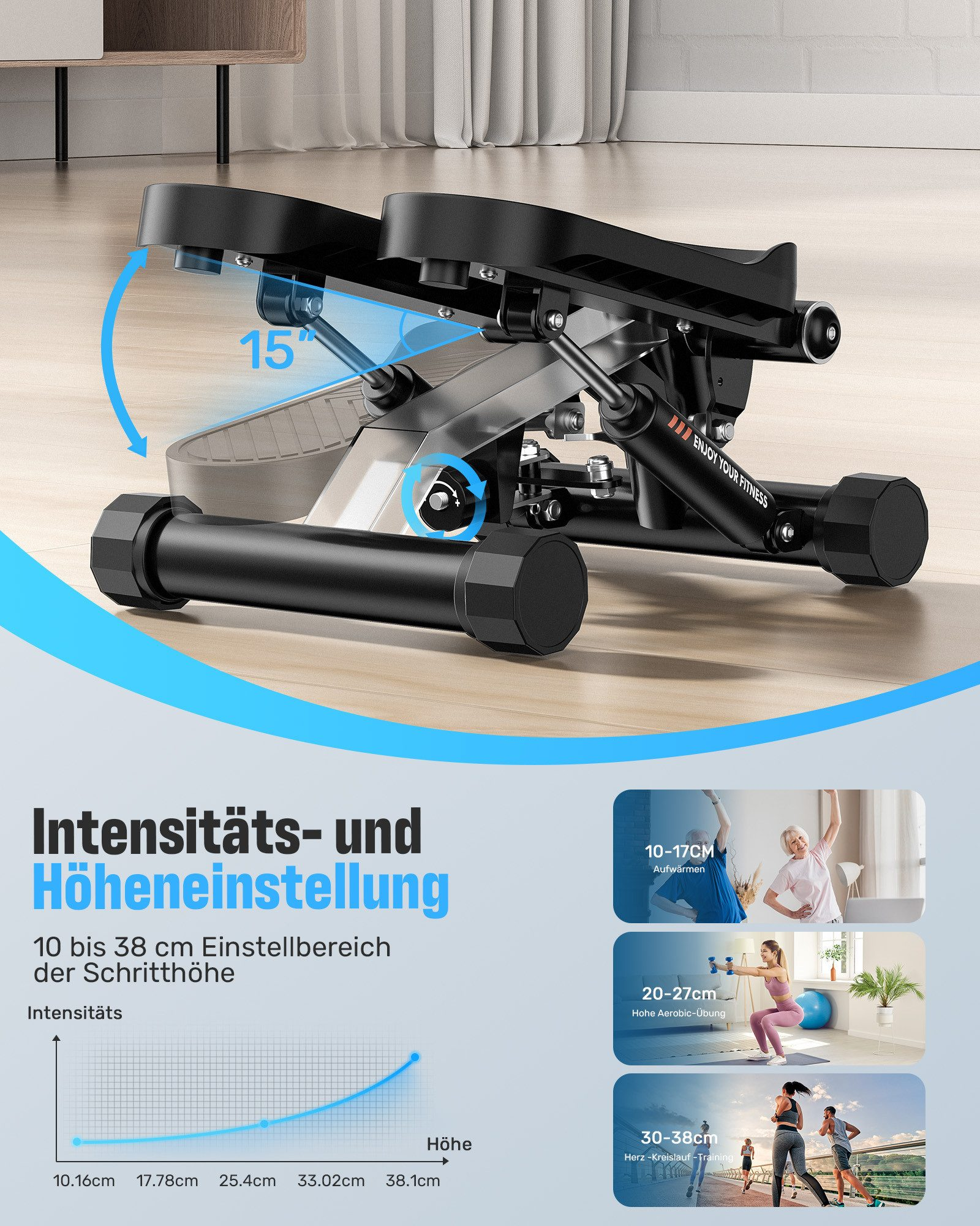 Ein schwarzer Stepper mit verschiedenen Intensitäts- und Höhenstufen.