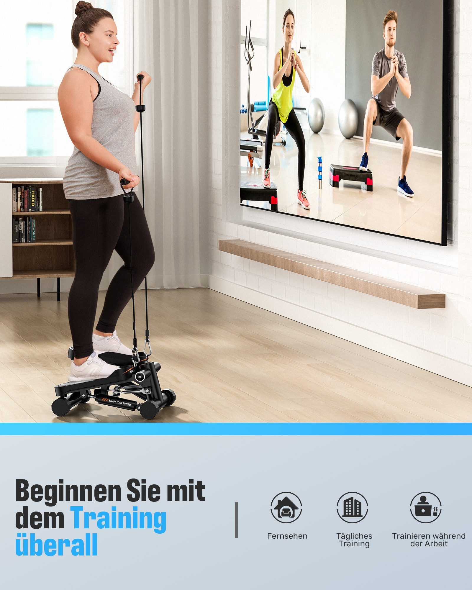Eine Frau trainiert mit einem Stepper zu Hause, während ein Fitnessvideo läuft.