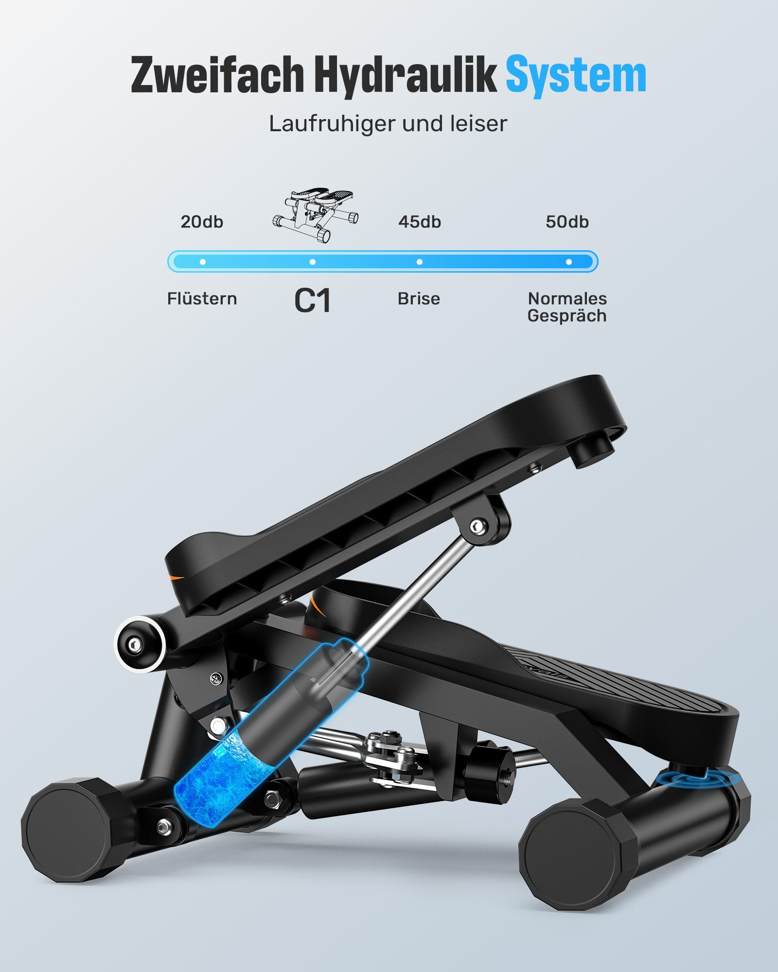 Schwarzer Stepper mit hydraulischem Dämpfer, leise im Betrieb.