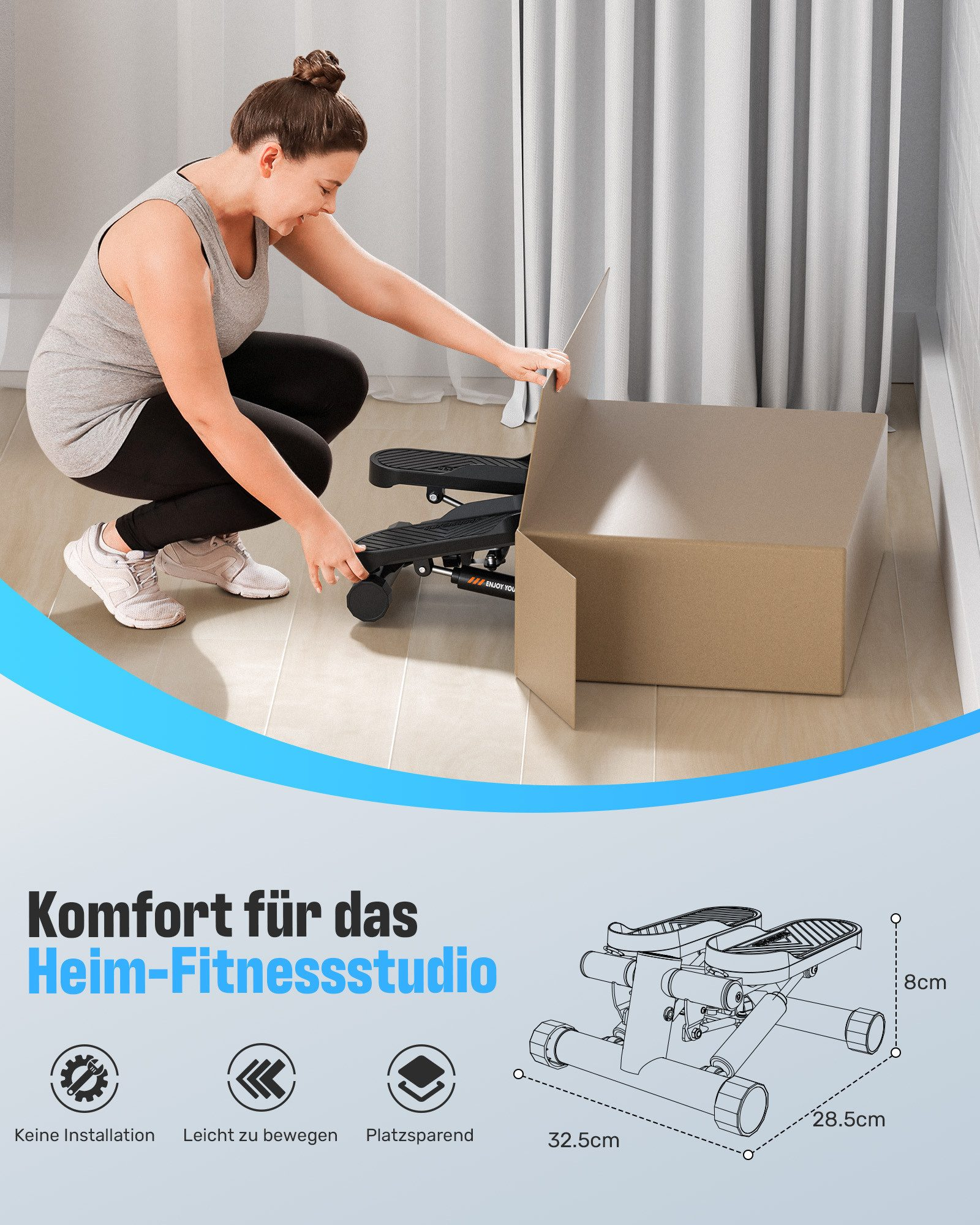 Eine Frau kniet neben einem Heimtrainer und öffnet einen Karton. Maße sind angegeben.