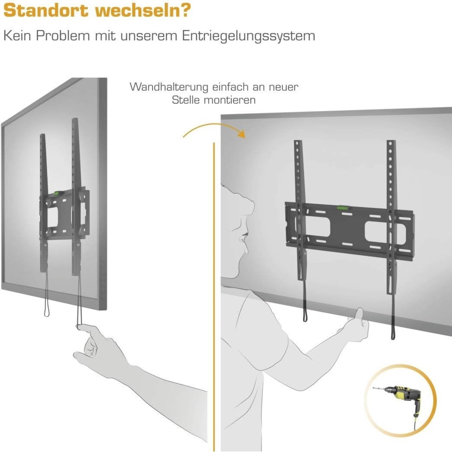 Ein Mann montiert eine TV-Wandhalterung, Werkzeug ist sichtbar.