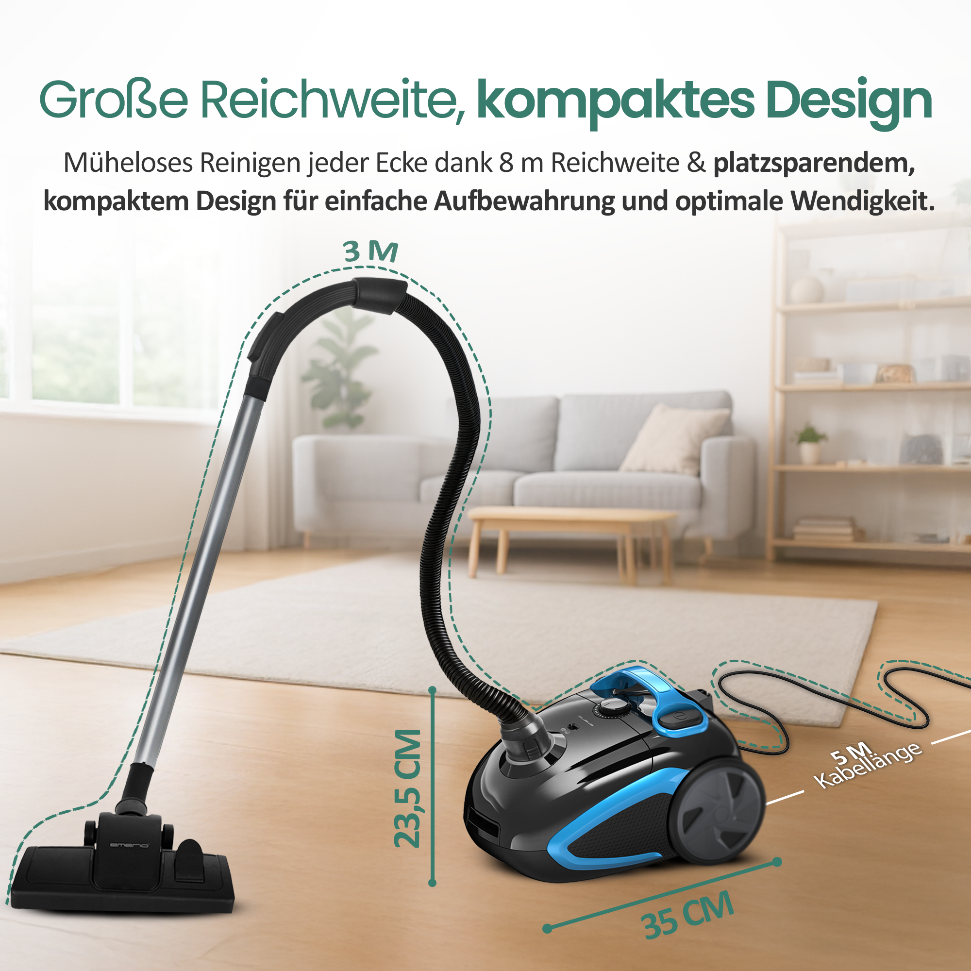 Ein blauer und schwarzer Staubsauger steht auf einem Holzboden.