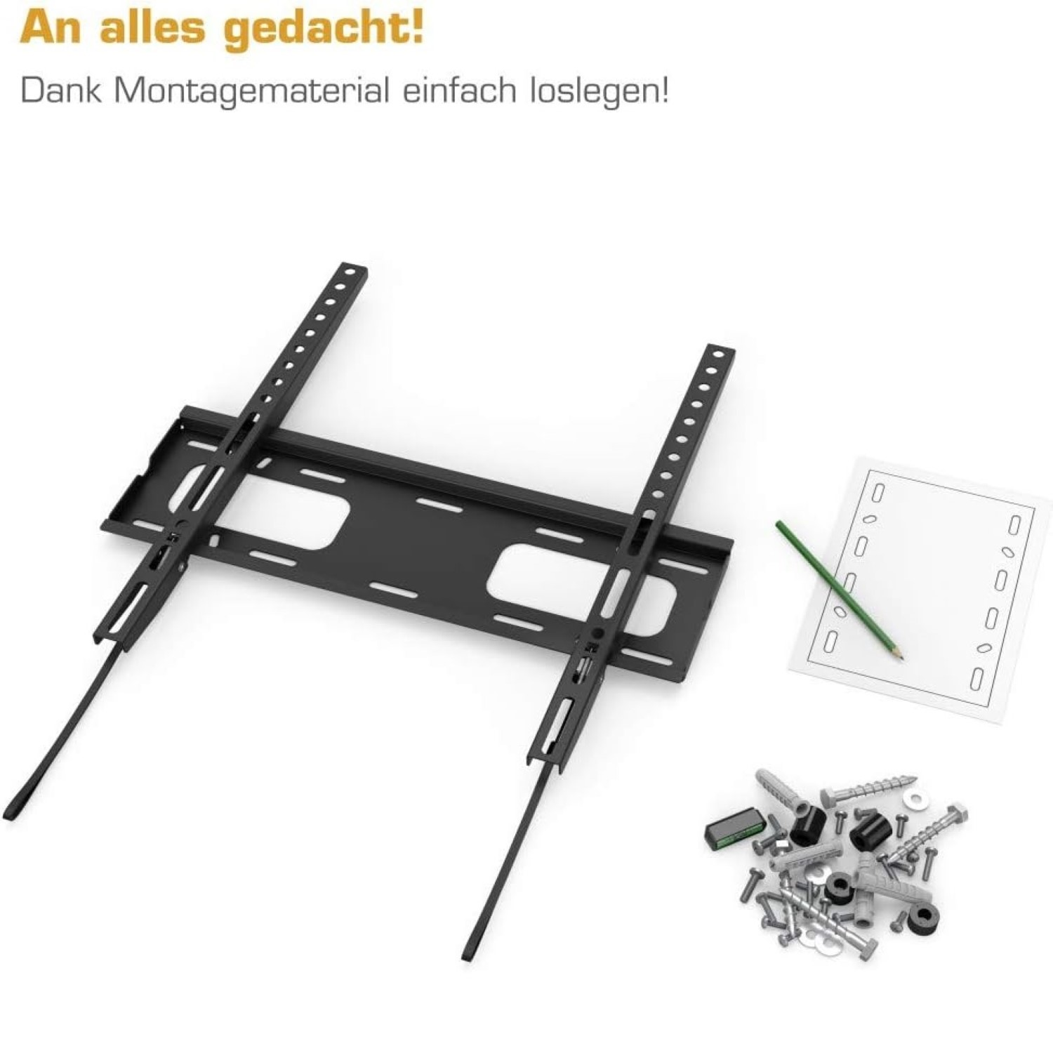 Schwarze TV-Wandhalterung mit Montagematerial und Bleistift auf weißem Hintergrund.