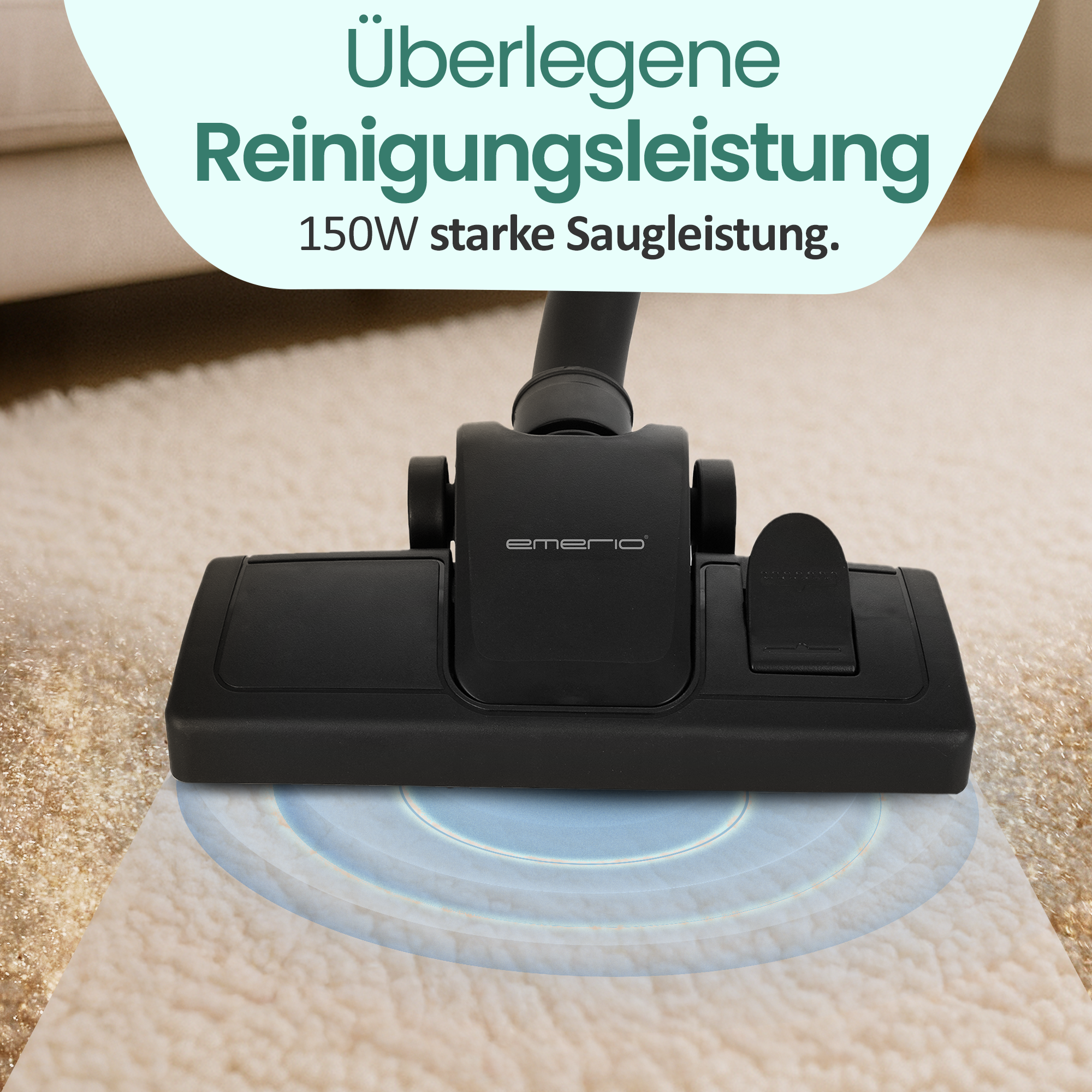 Schwarzer Staubsaugerkopf auf hellem Teppich mit blauen Kreisen.