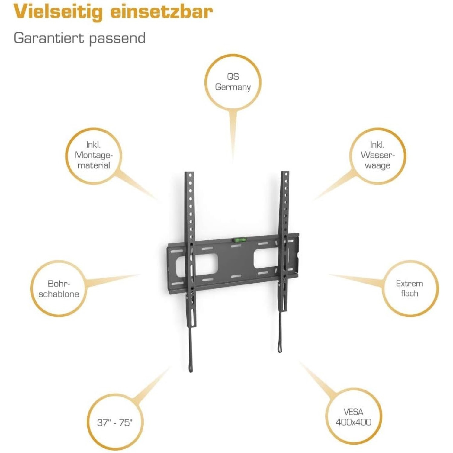 Ein flacher, vielseitiger TV-Wandhalter mit Montagezubehör und Wasserwaage.