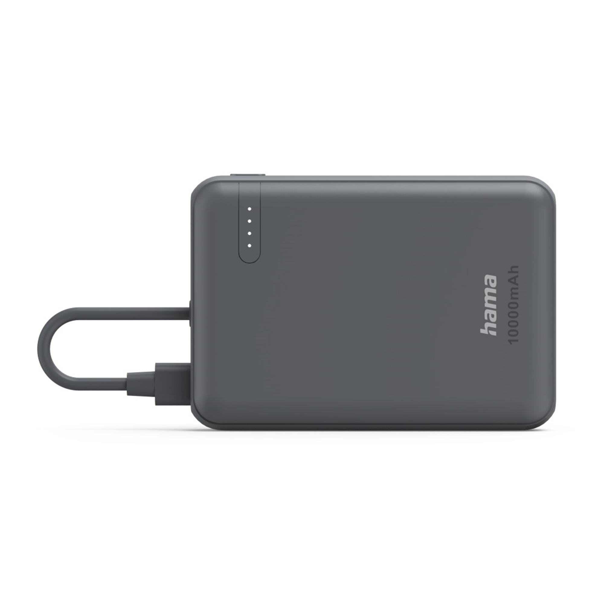 Szary powerbank 10000 mAh z podłączonym kablem USB.