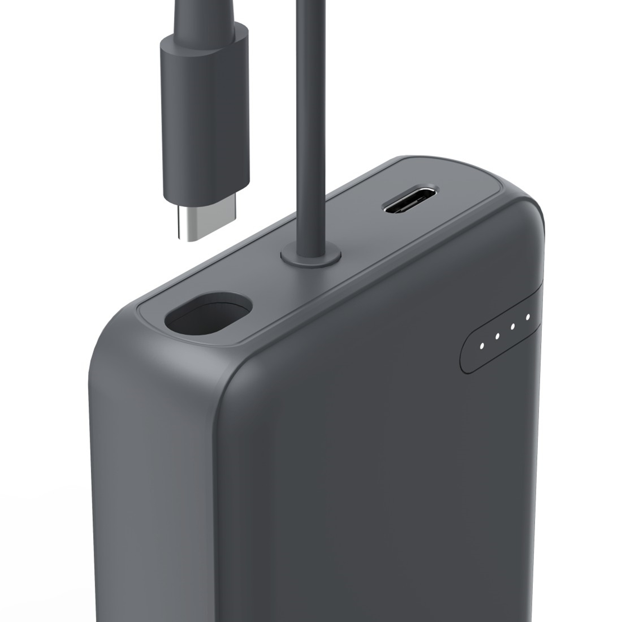 Szara power bank z kablem USB-C i wskaźnikami ładowania.