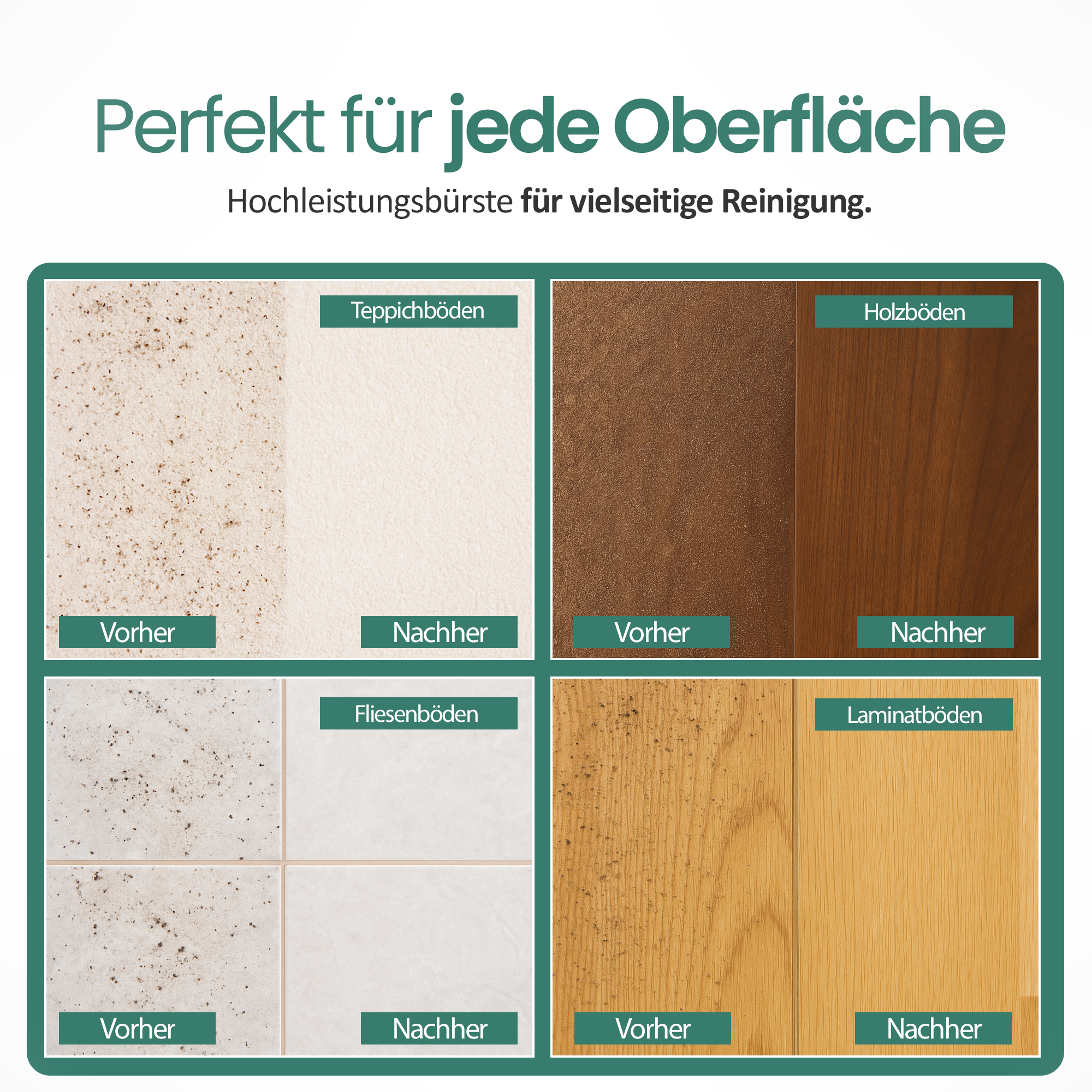Vergleich von Vorher/Nachher-Bildern für Teppich, Holz, Fliesen und Laminatböden.