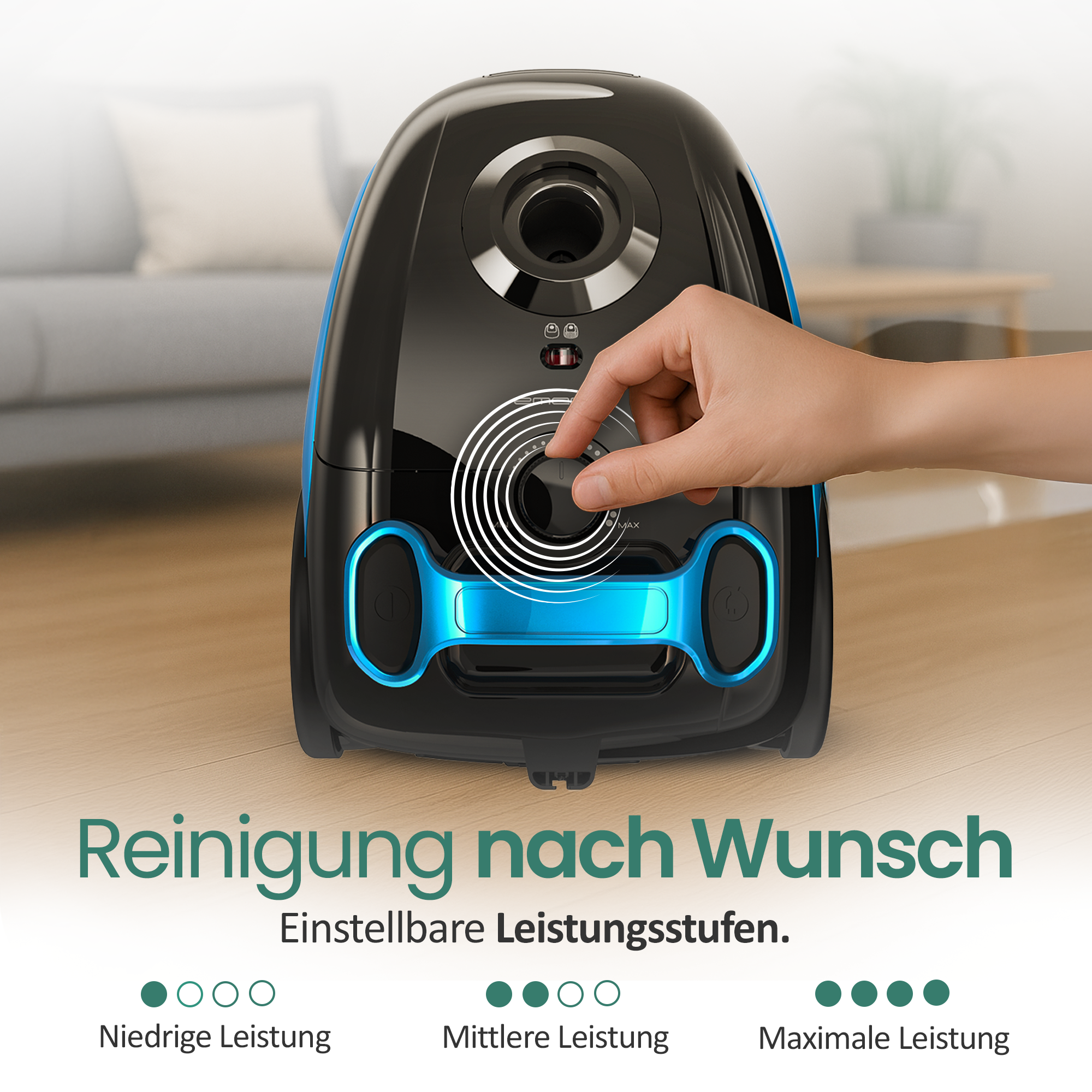 Hand stellt Leistung eines schwarzen Staubsaugers mit blauen Akzenten ein.