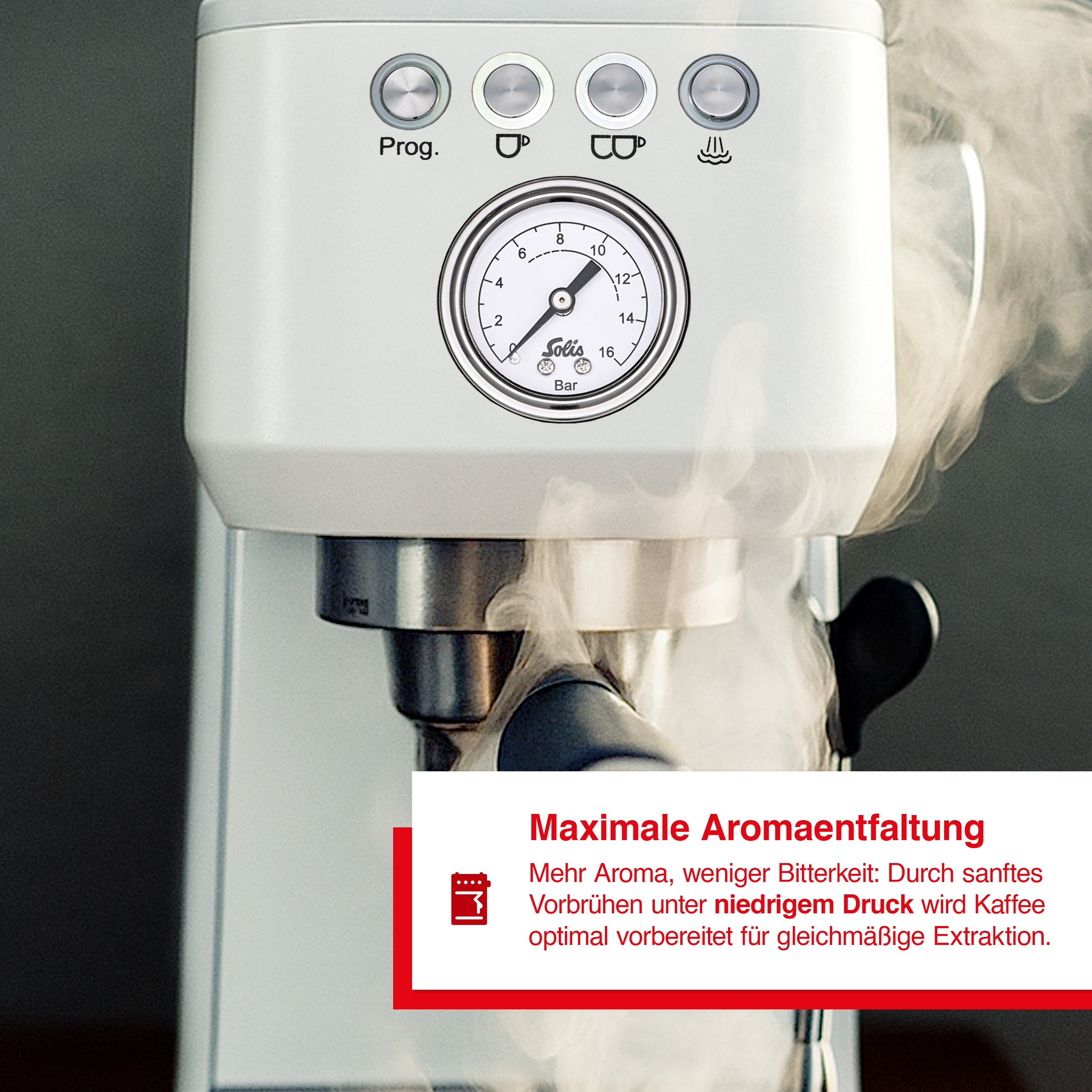 Eine weiße Kaffeemaschine mit Dampf und einem Druckmesser.