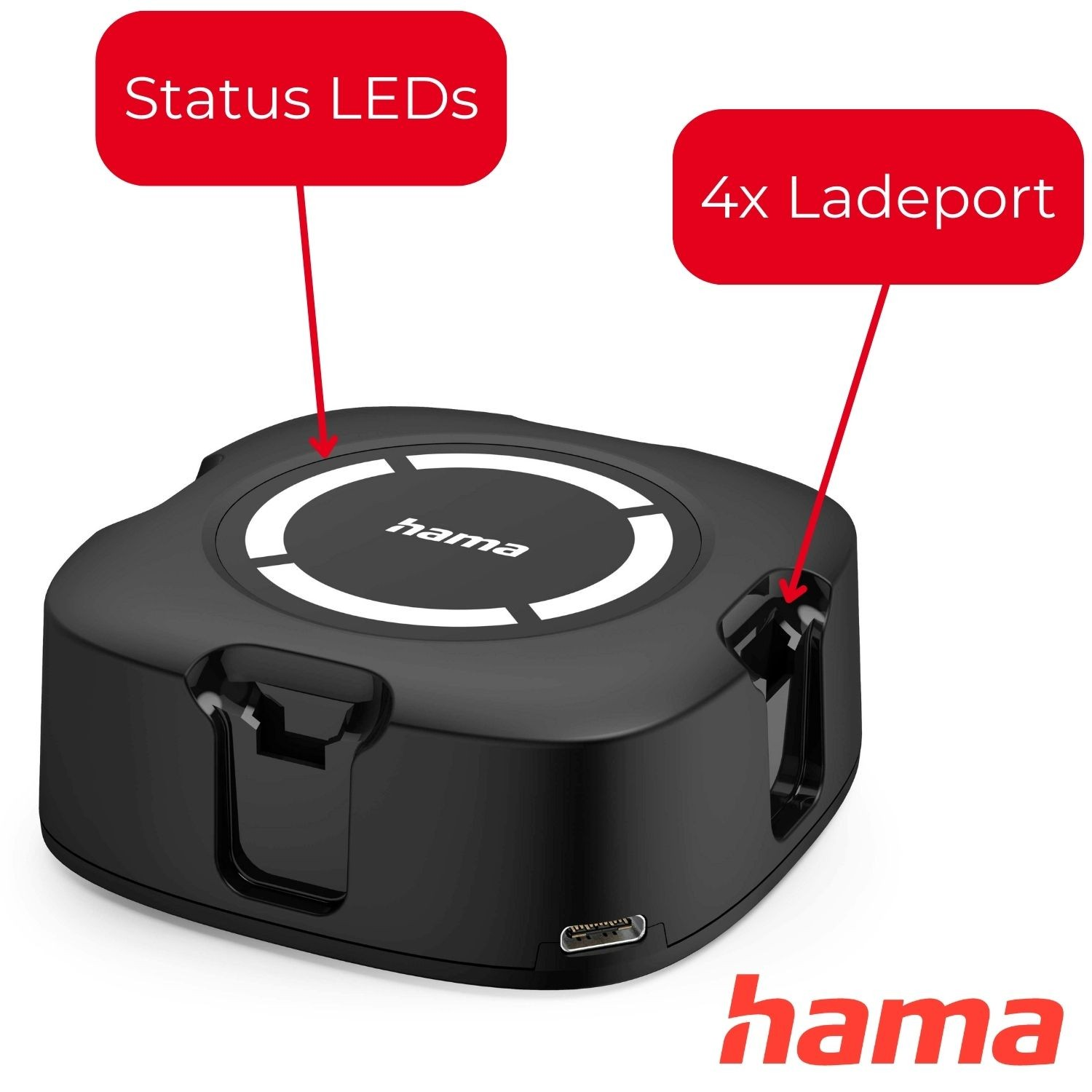 Schwarzer Hama Ladeadapter mit Status-LEDs und 4 Ladeanschlüssen.