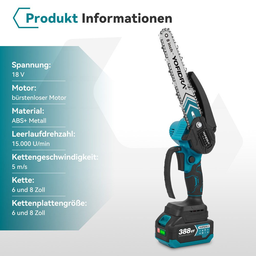 Eine akkubetriebene Kettensäge mit 8-Zoll-Schiene und technischen Daten.