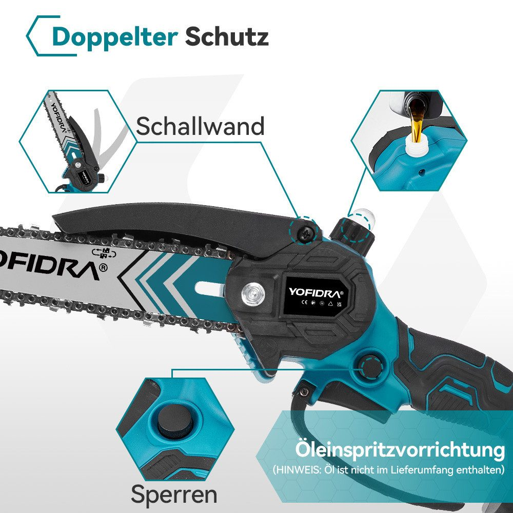 Detailansicht einer Akku-Kettensäge mit Schutz und Öleinfüllung.