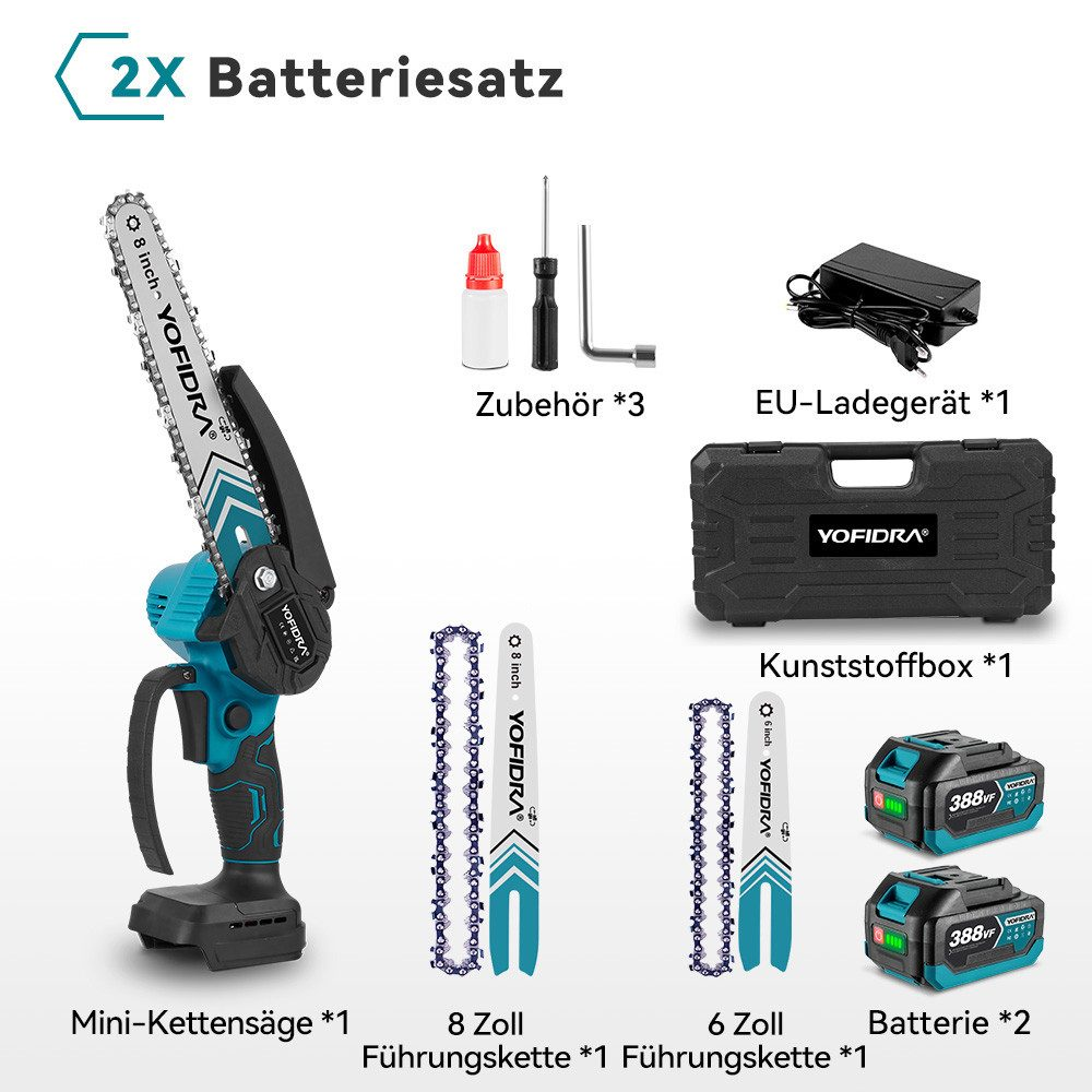 Mini-Kettensäge mit Zubehör: Ladegerät, Koffer, Ketten und Batterien.