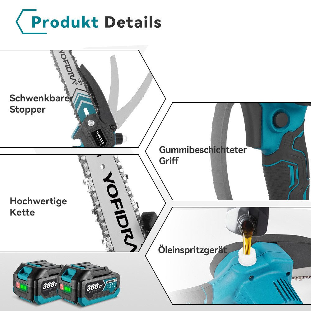 Produkt-Details: Kette, Stopper, Griff, Öleinspritzgerät & Akkus.