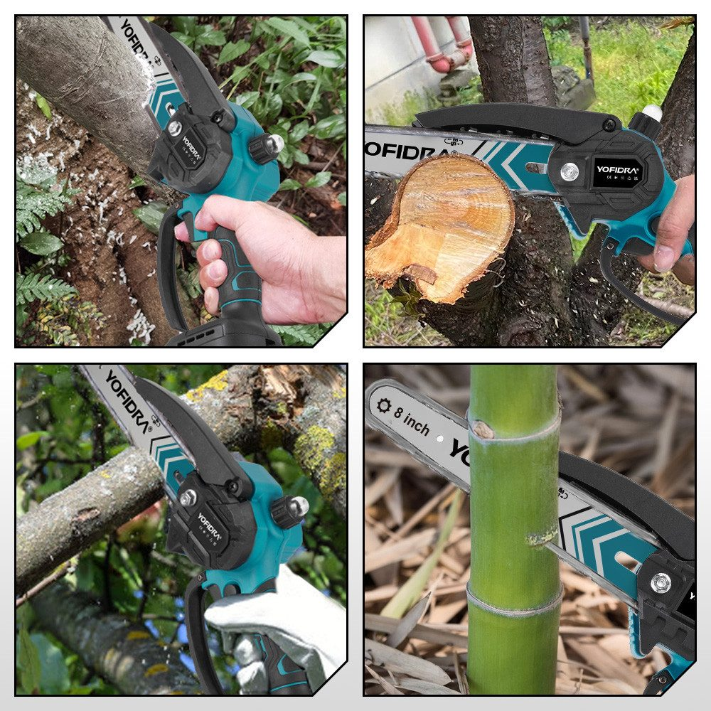 Vier Bilder einer Kettensäge: Holz schneiden, Ast schneiden, Bambus schneiden.