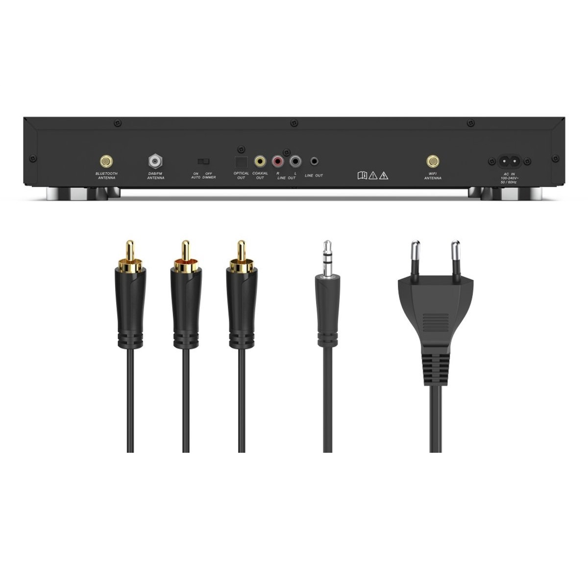 Tył urządzenia z portami i kablami: kabel zasilający, kable RCA, kabel jack 3,5 mm.