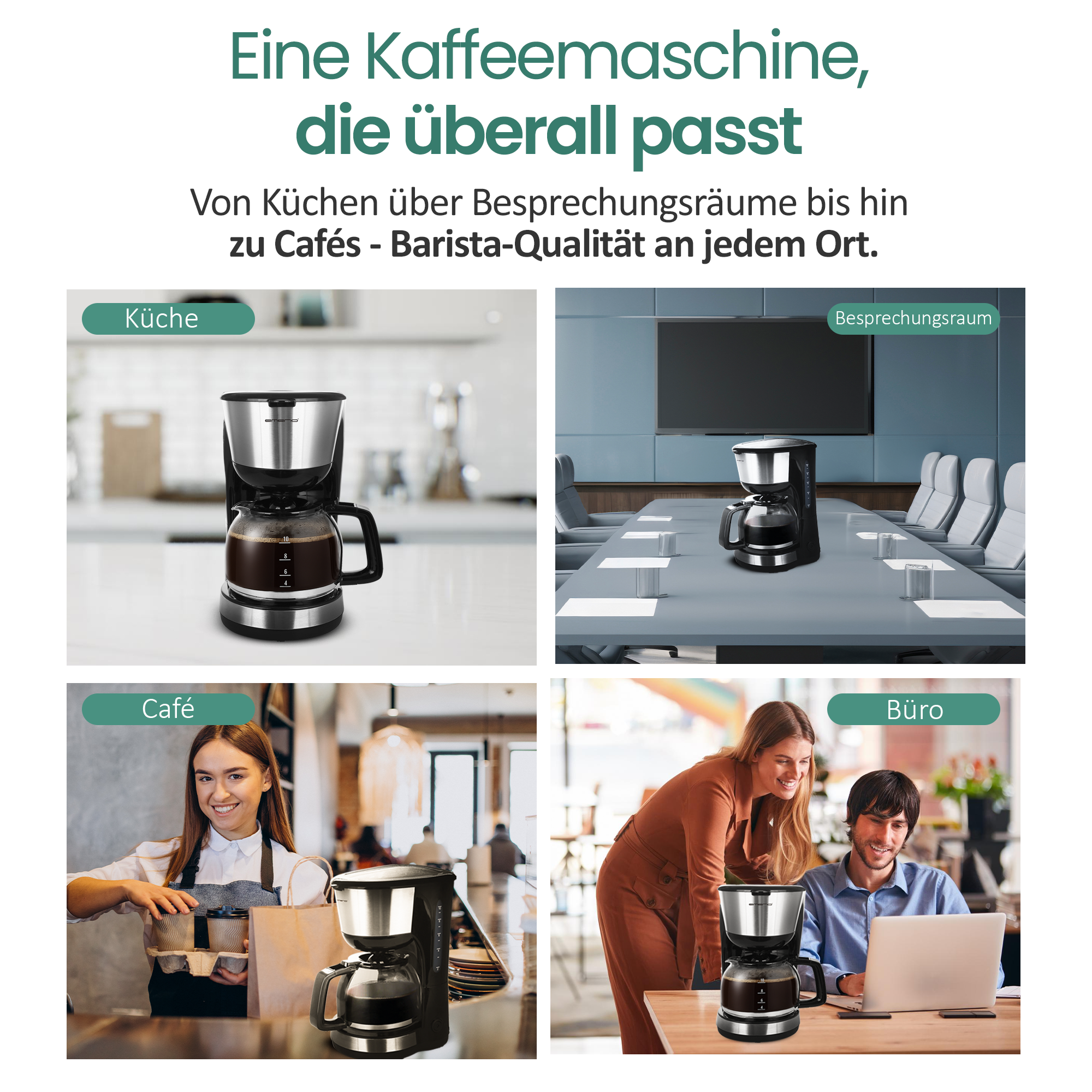 Kaffeemaschine in Küche, Besprechungsraum, Café und Büro. Alles passt überall.