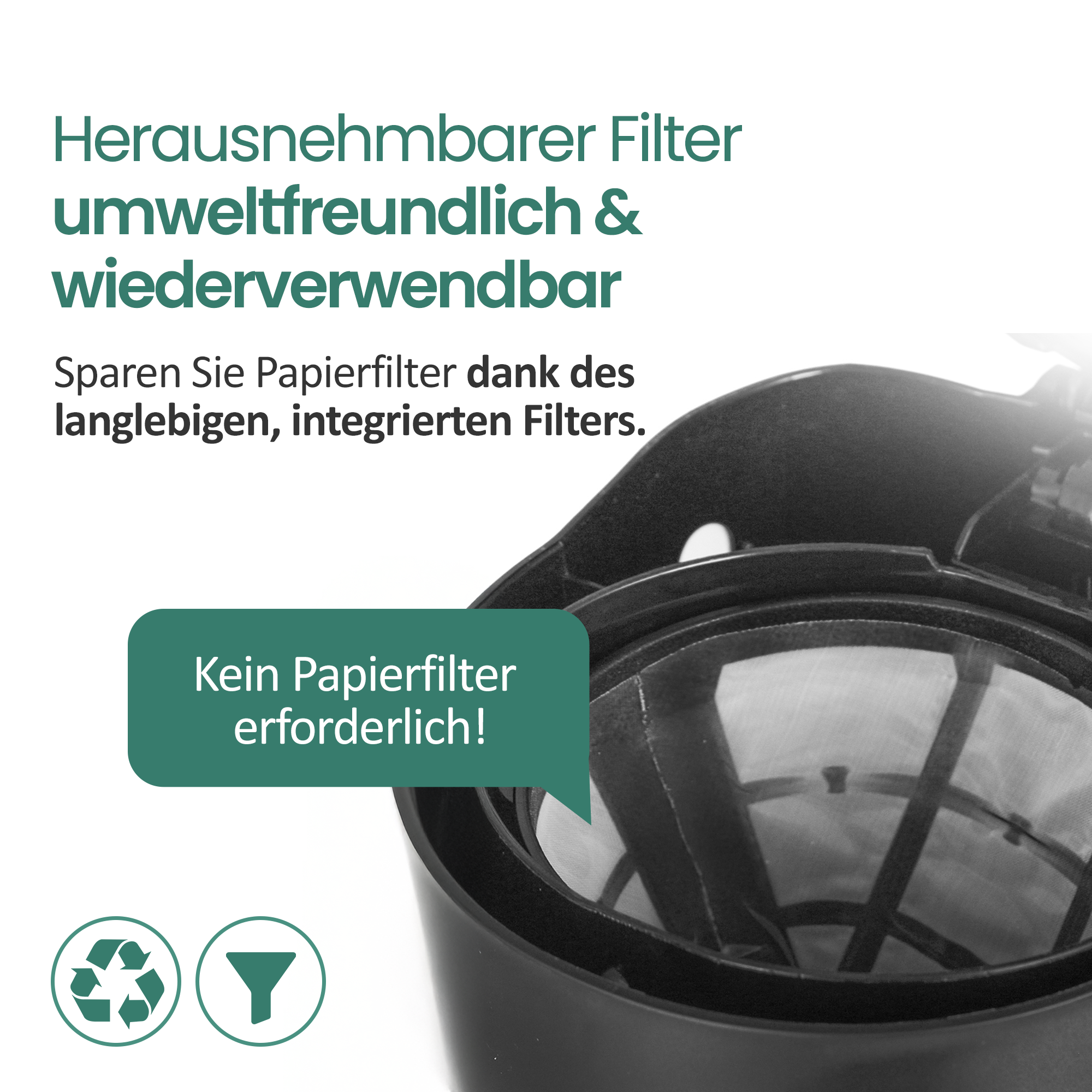 Wiederverwendbarer Kaffeefilter mit Recycling- und Trichter-Symbolen.