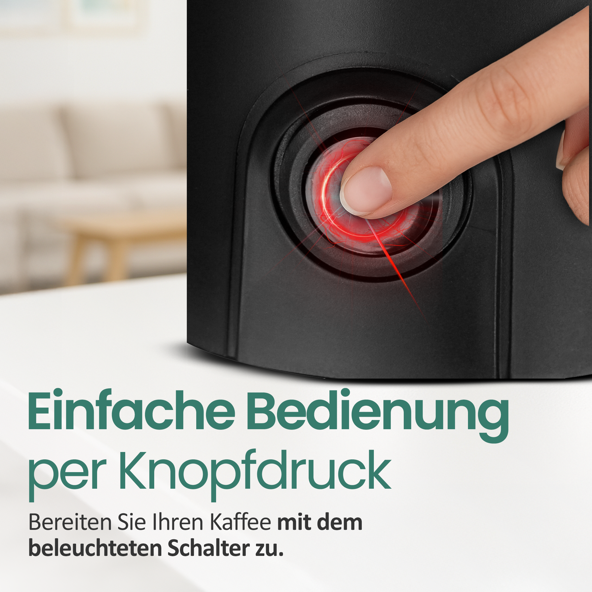 Eine Hand drückt einen beleuchteten roten Knopf an einem schwarzen Gerät.