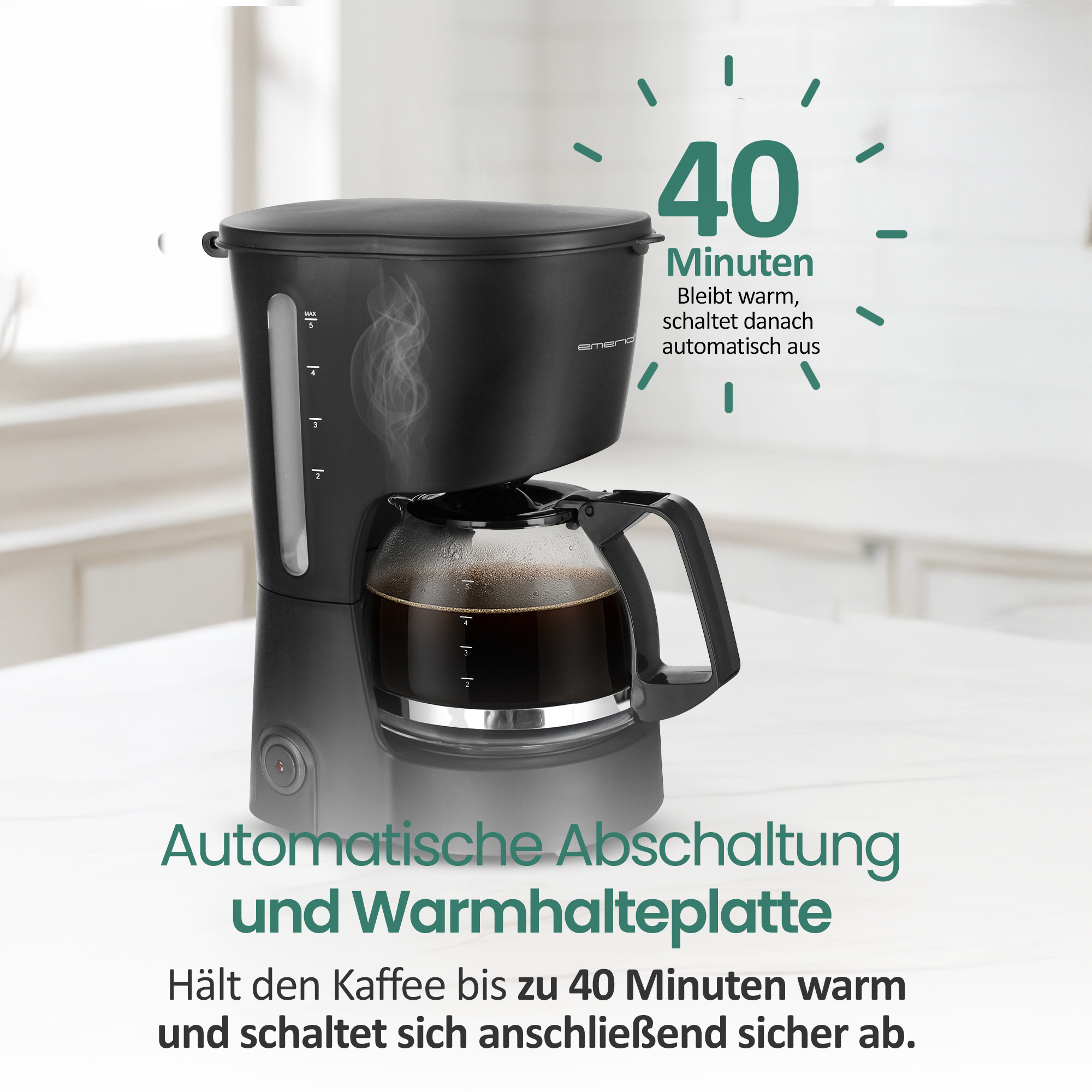 Schwarze Kaffeemaschine mit Glaskanne, hält Kaffee 40 Min warm.