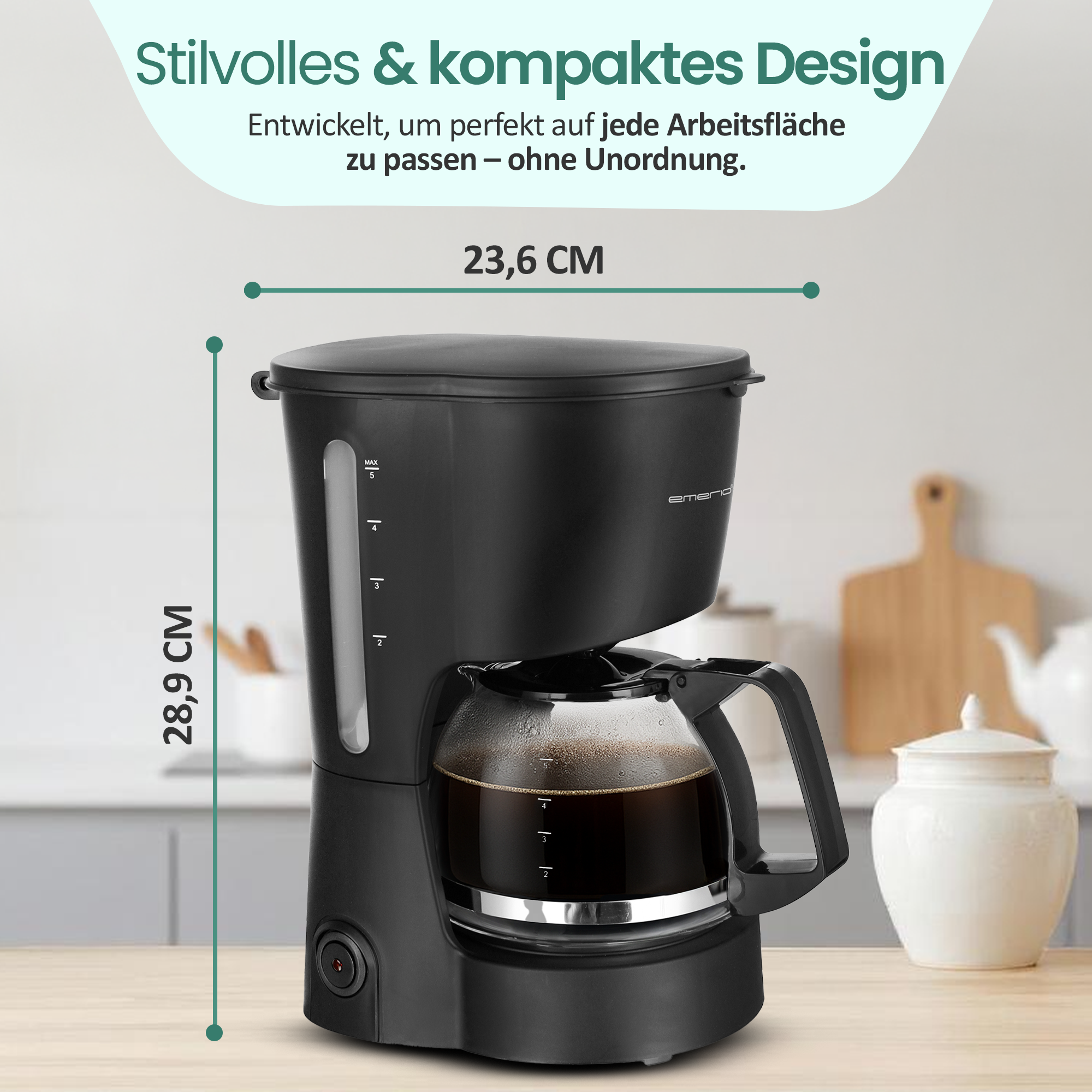 Schwarze Kaffeemaschine mit Glaskanne, 23,6 cm breit, 28,9 cm hoch.