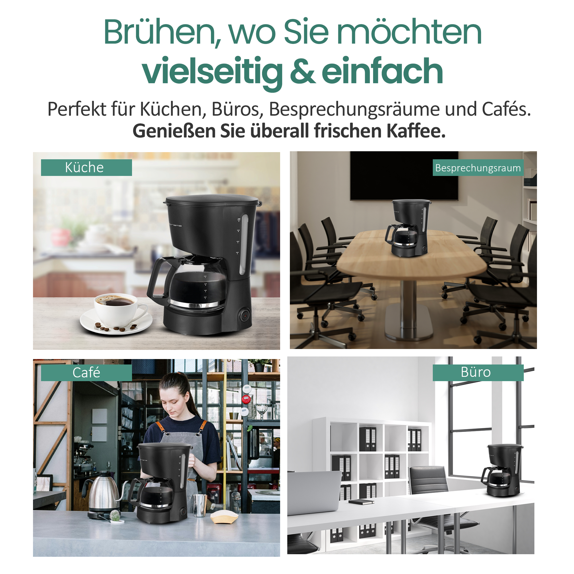 Kaffeemaschinen in Küche, Büro, Besprechungsraum und Café.
