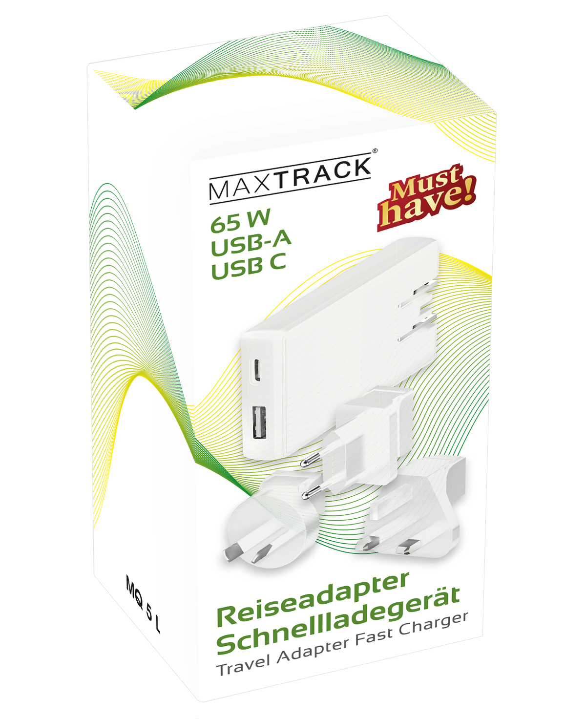 Maxtrack Reiseadapter mit 65W, USB-A und USB-C Anschlüssen.