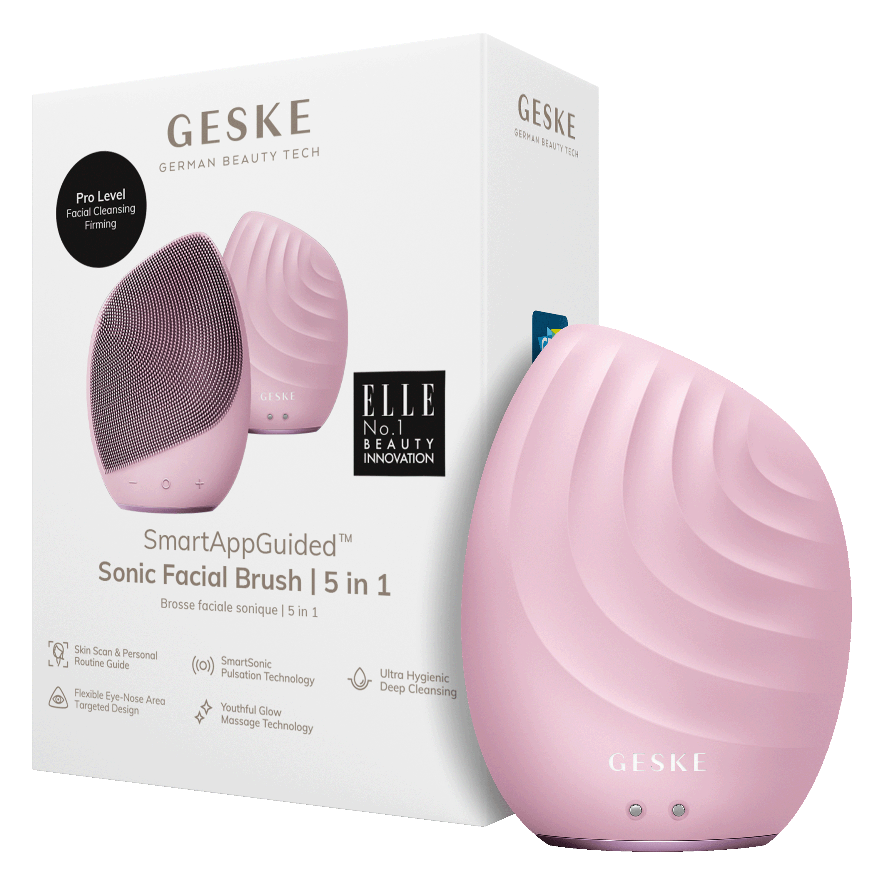 Pembe yüz temizleme fırçası seti ve ambalajı. Kutu üzerinde "GESKE" ve "ELLE" yazıları bulunmaktadır.