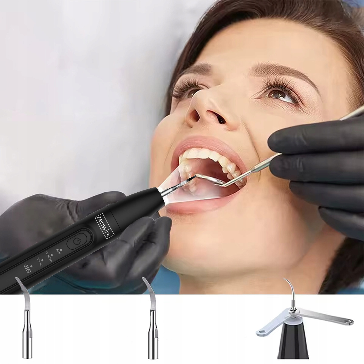 Dentysta w czarnych rękawiczkach używa narzędzia dentystycznego na zębach kobiety.
