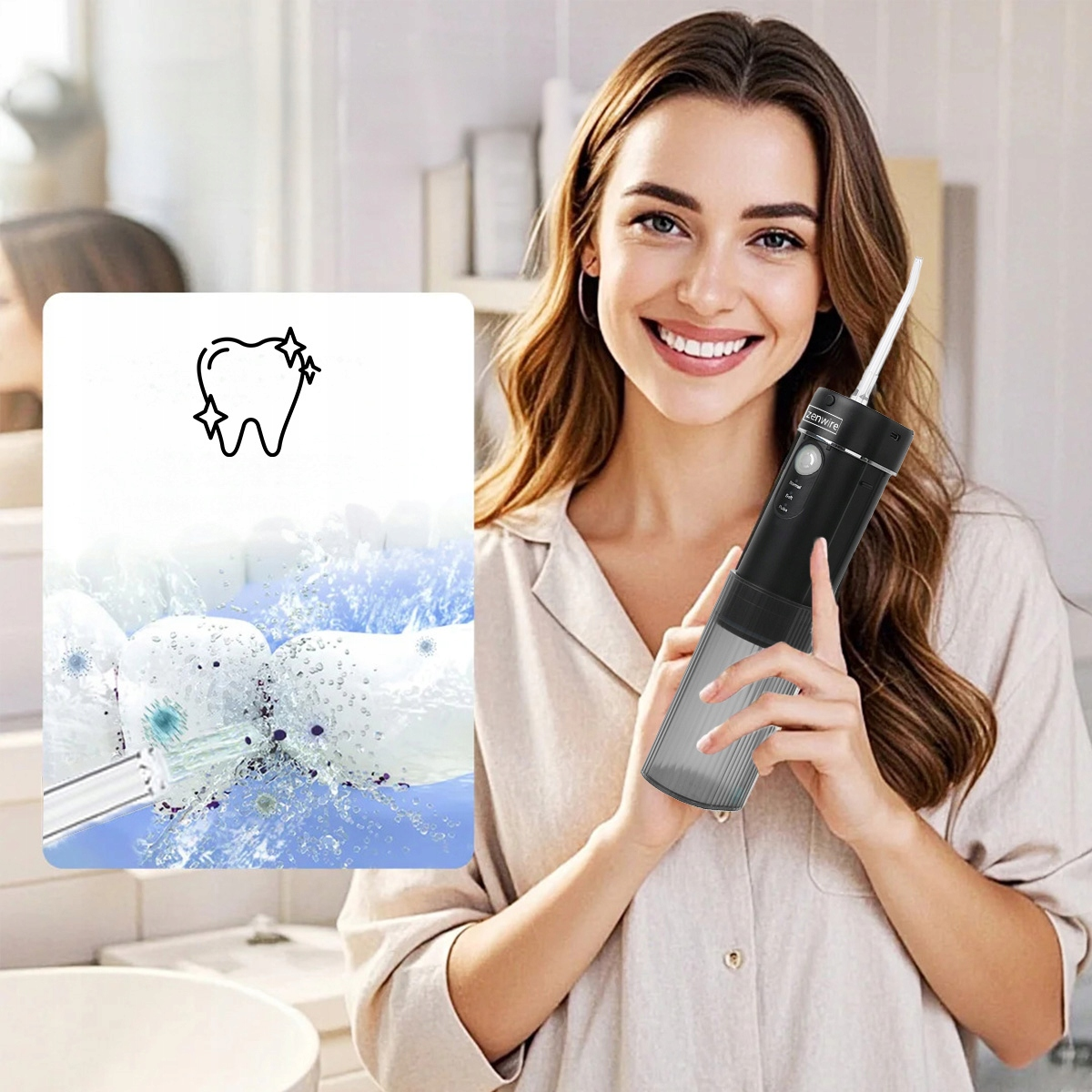 Uśmiechnięta kobieta trzyma czarną irygator z końcówką do spryskiwania.