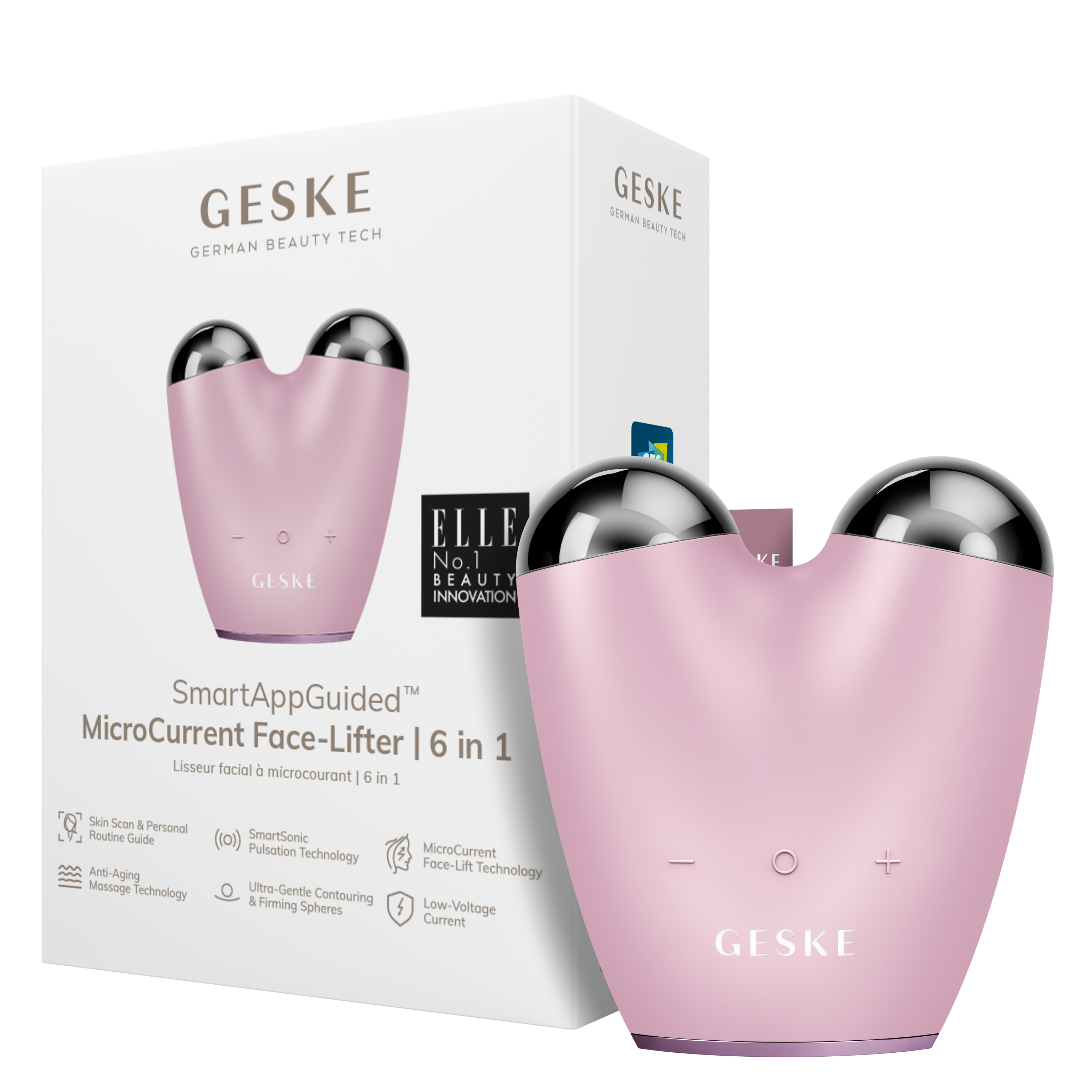 Un solleva viso GESKE rosa con punte argentate, accanto alla sua confezione.