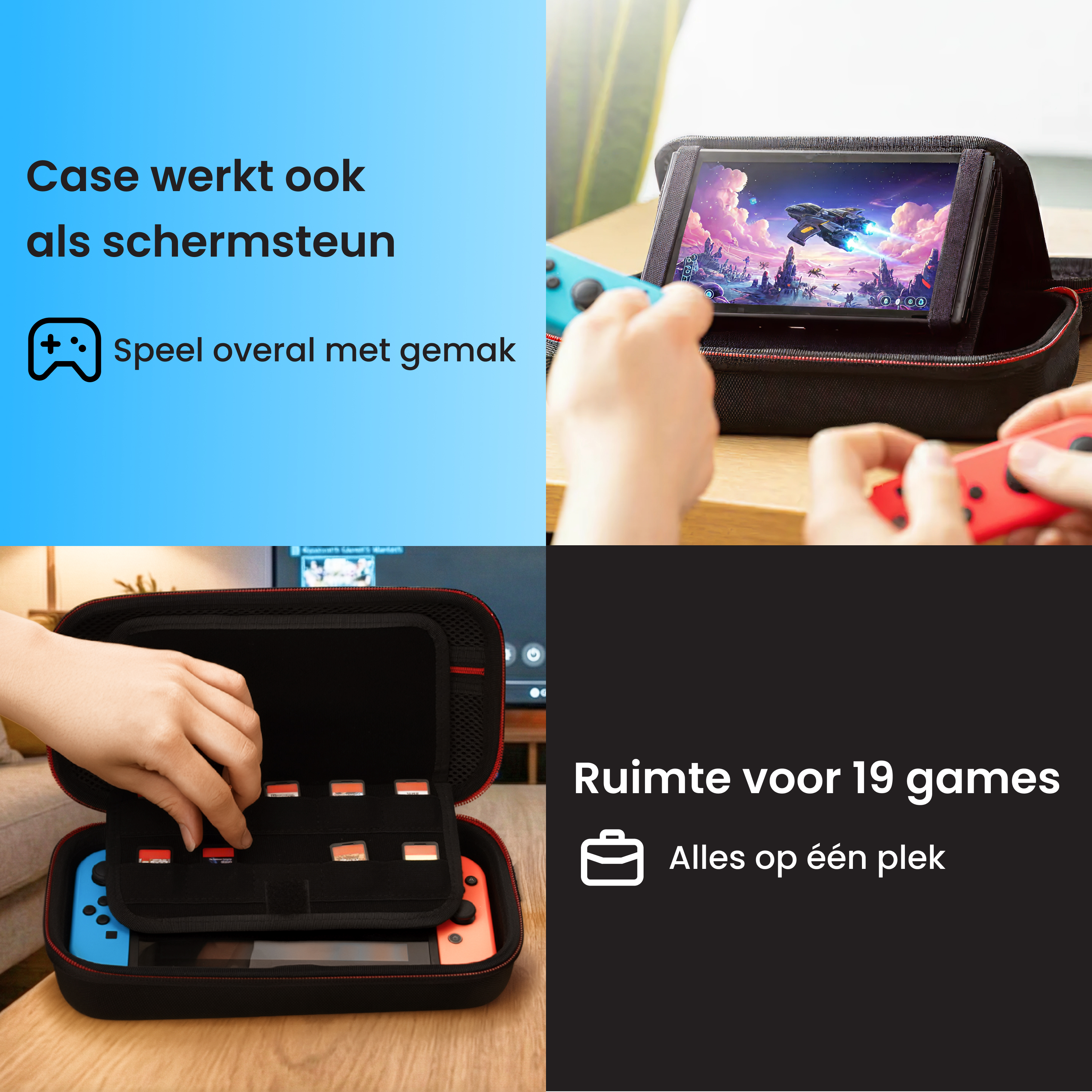 Étui Nintendo Switch avec support et rangement pour 19 jeux.