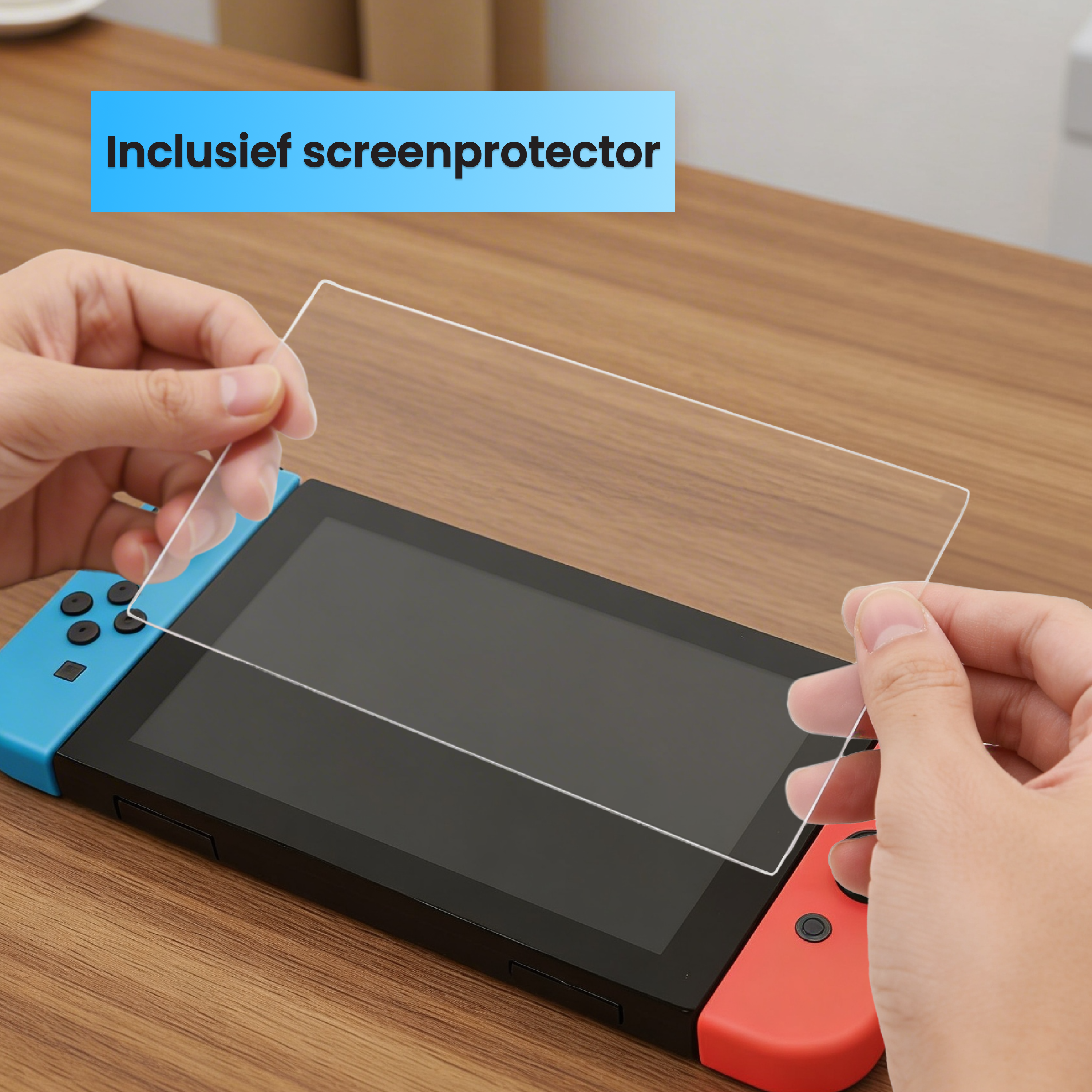 Personne appliquant un protecteur d'écran sur un Nintendo Switch.