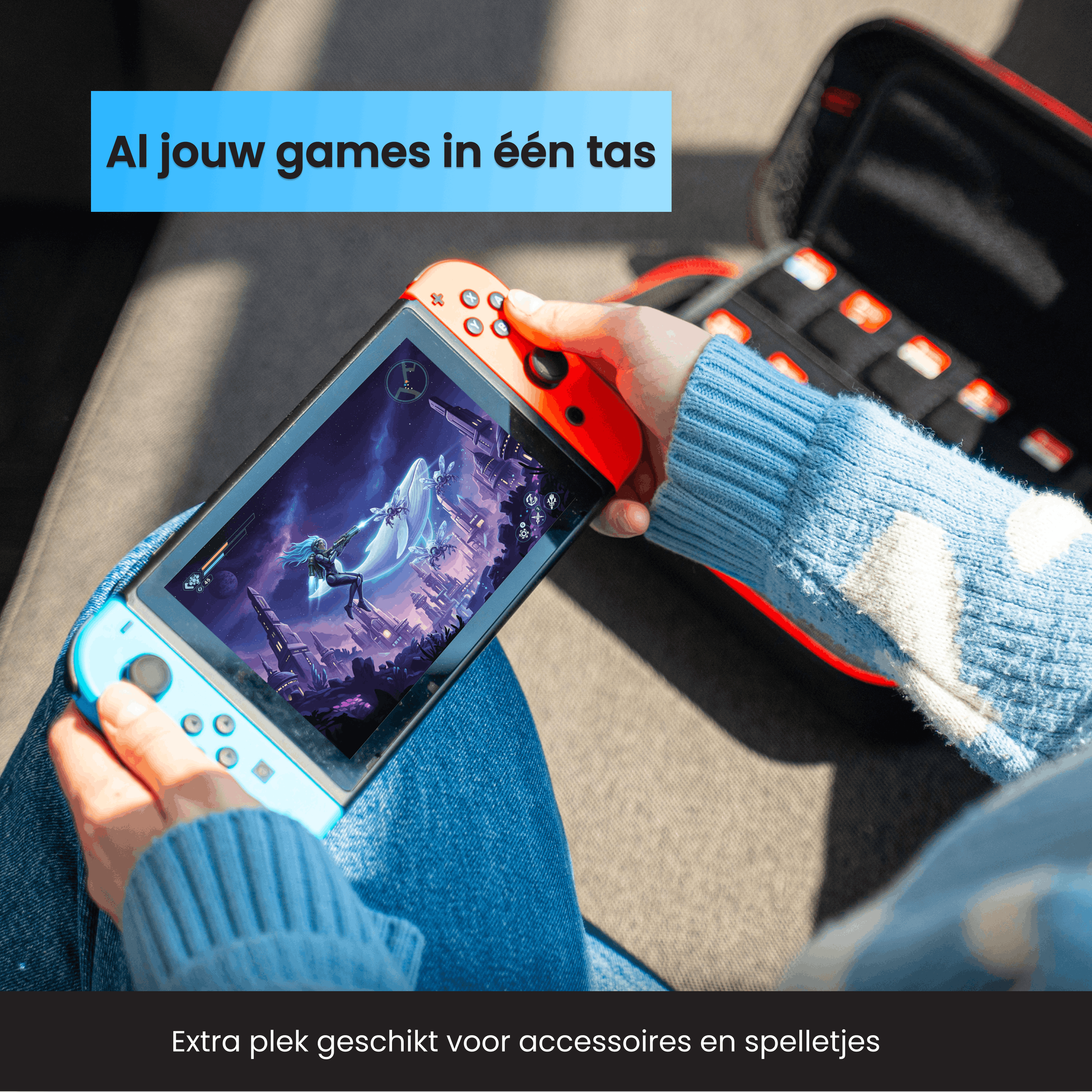 Une personne tient une console de jeu portable bleue avec des Joy-Cons rouges.