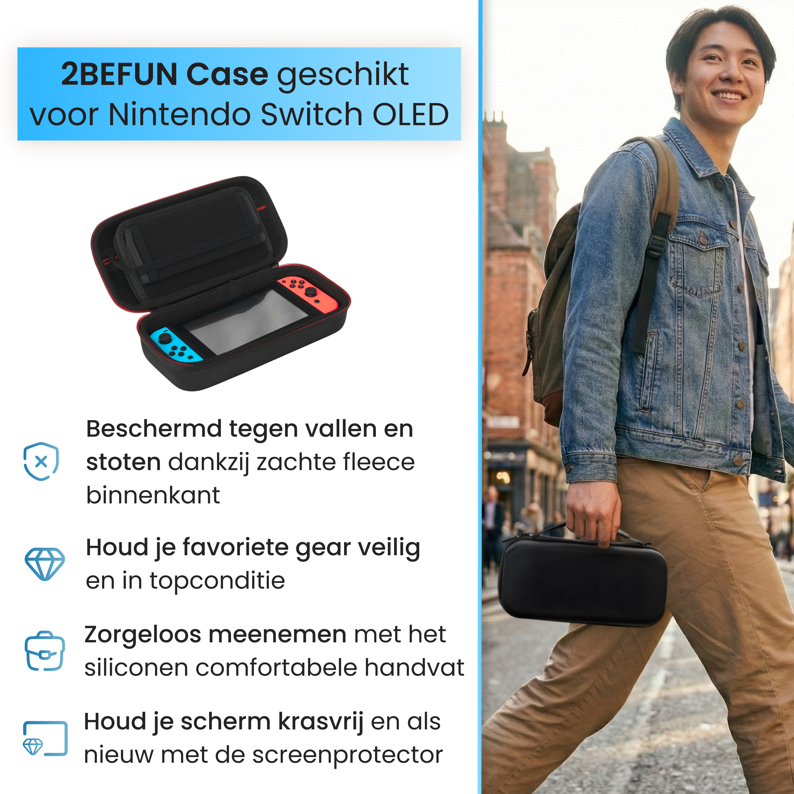 Étui Nintendo Switch OLED tenu par un homme marchant dehors.