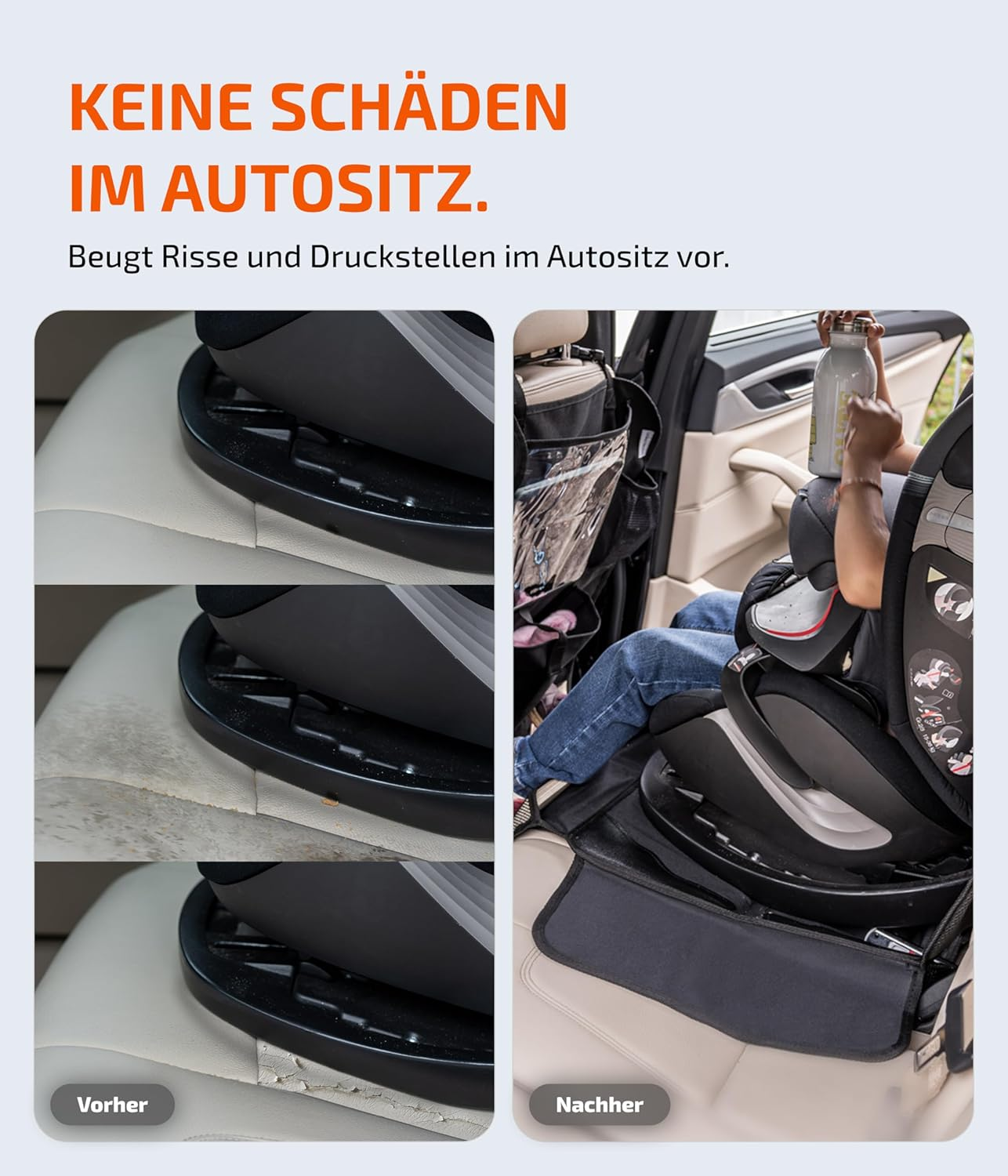 Autositz-Schutzmatte: Vorher-Nachher-Vergleich mit Rissen und Schutz.