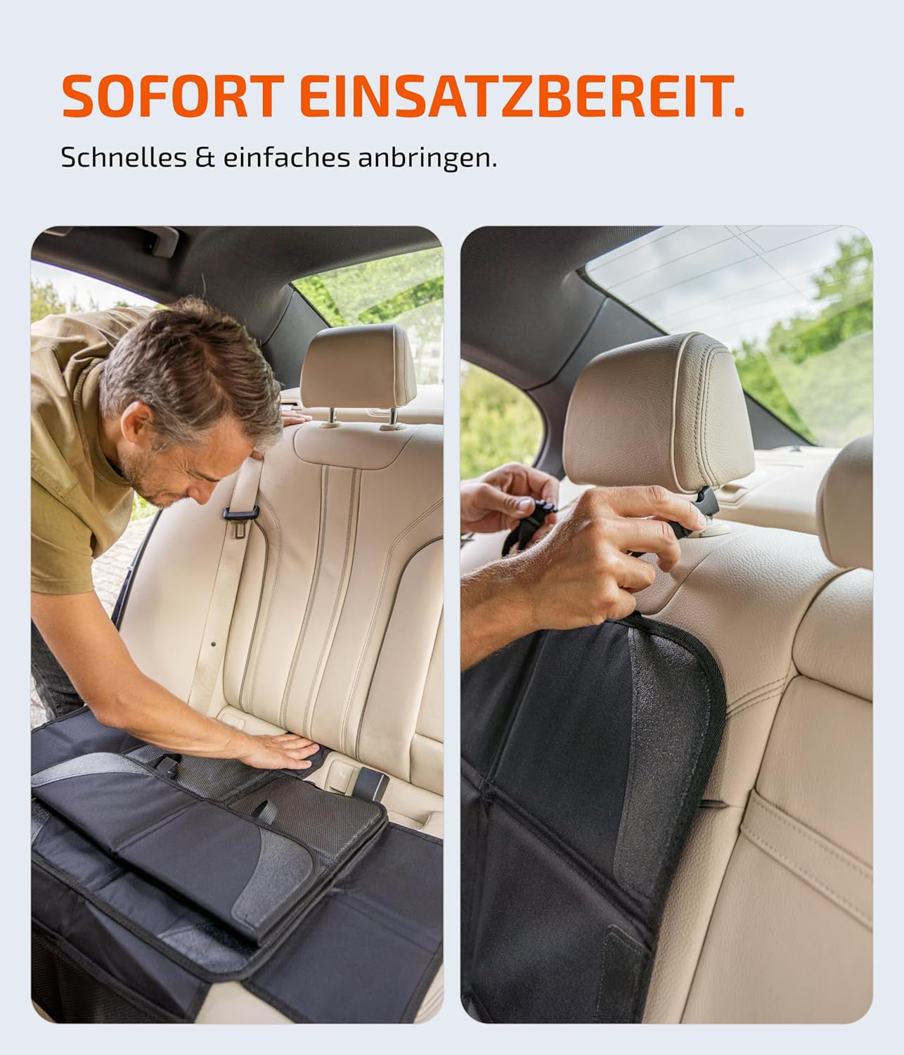 Mann befestigt Autositz-Schutzbezug an Rücksitzen. Leicht anzubringen.