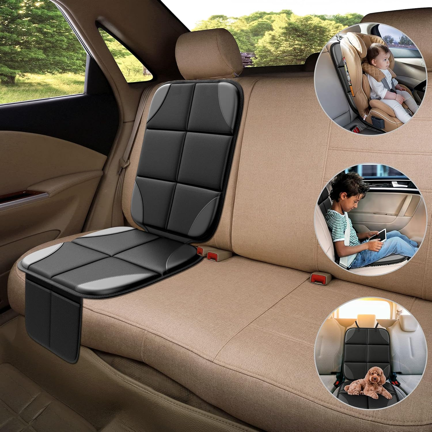 Autositzbezug mit Kindersitz, Kind mit Tablet und Hund. Beige Innenausstattung.