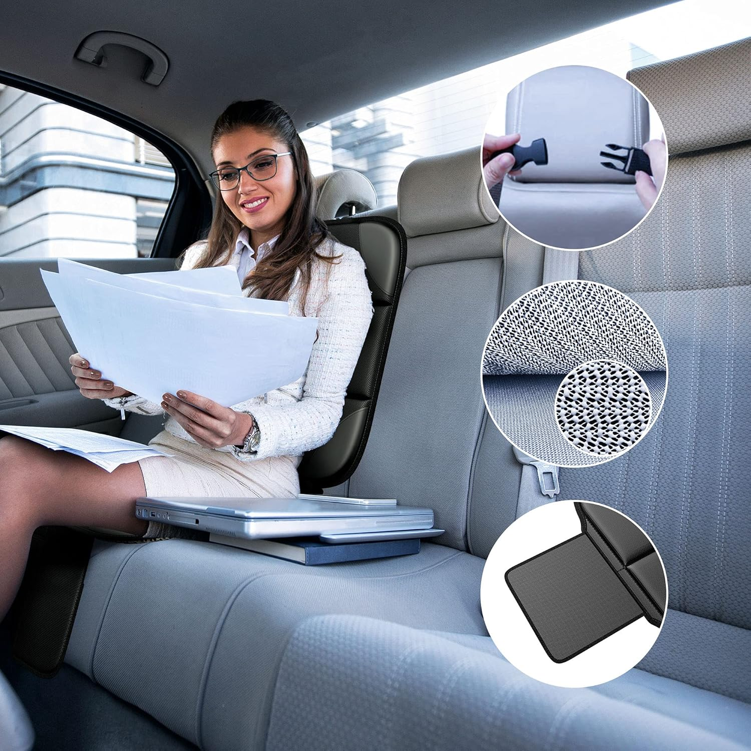 Eine Frau im Anzug liest Dokumente im Auto, mit Detailaufnahmen des Sitzes.