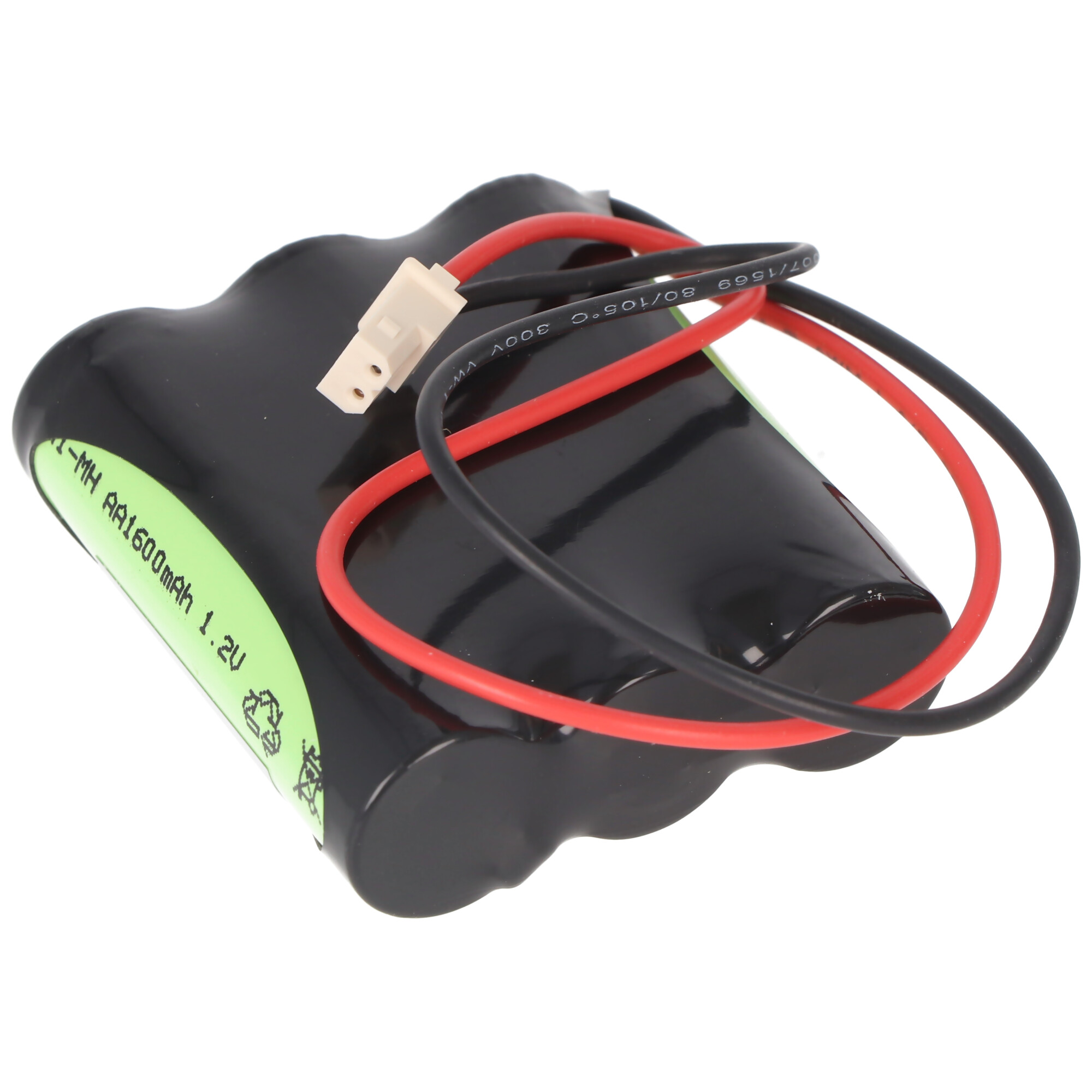 Ein schwarzer Akku mit roten und schwarzen Kabeln und einem weißen Stecker.