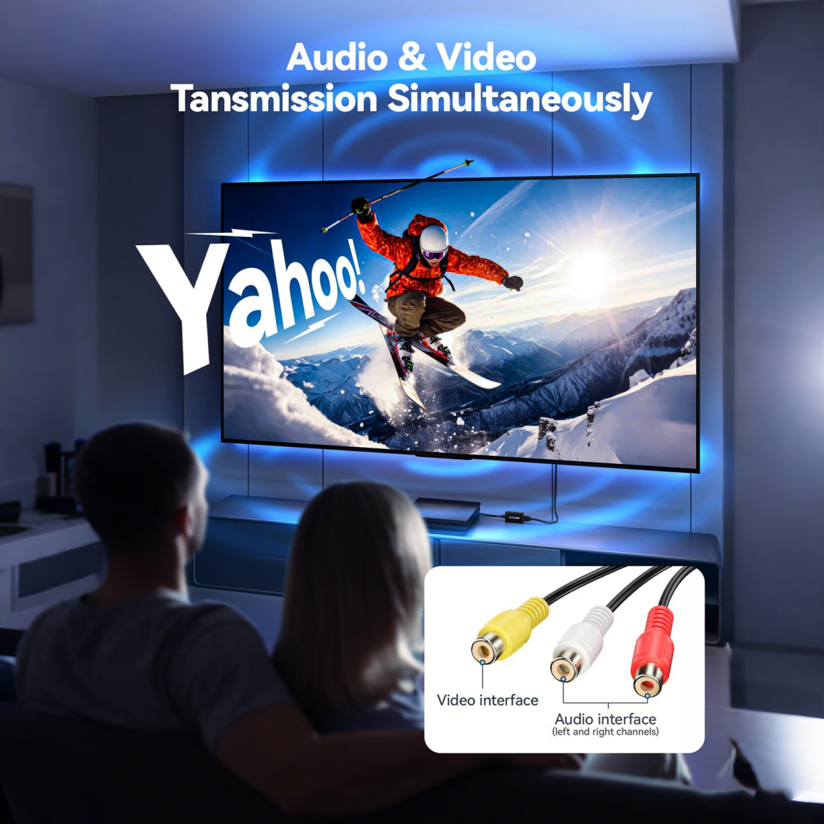 Ein Paar schaut auf einen Fernseher, der einen Skifahrer zeigt. Audio/Video-Kabel.
