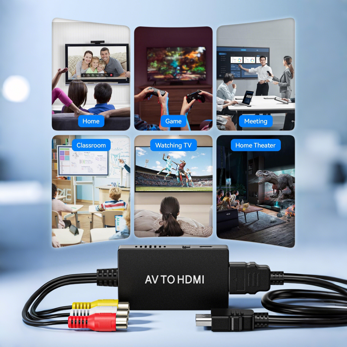 Ein AV-zu-HDMI-Konverter mit verschiedenen Anwendungsszenarien: Zuhause, Spielen, Meeting, Klassenzimmer, Fernsehen, Heimkino.