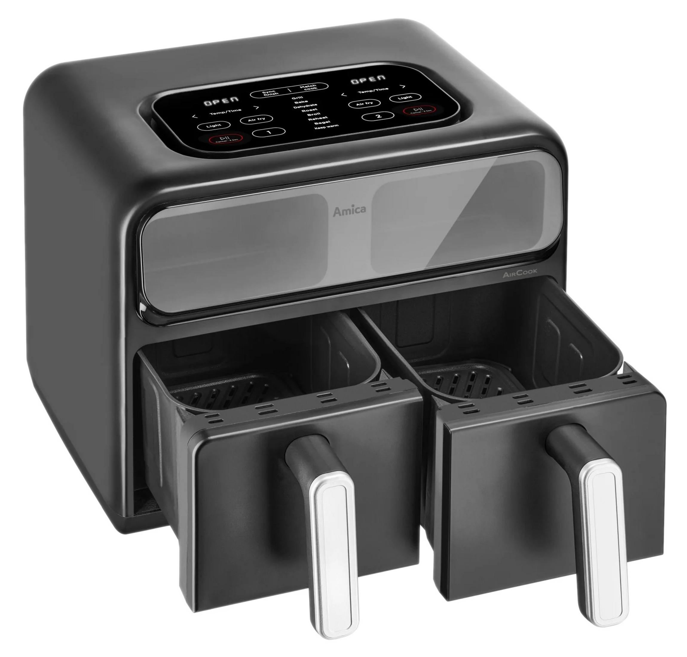 Friggitrice ad aria Amica nera con due cassetti e pannello di controllo touch.