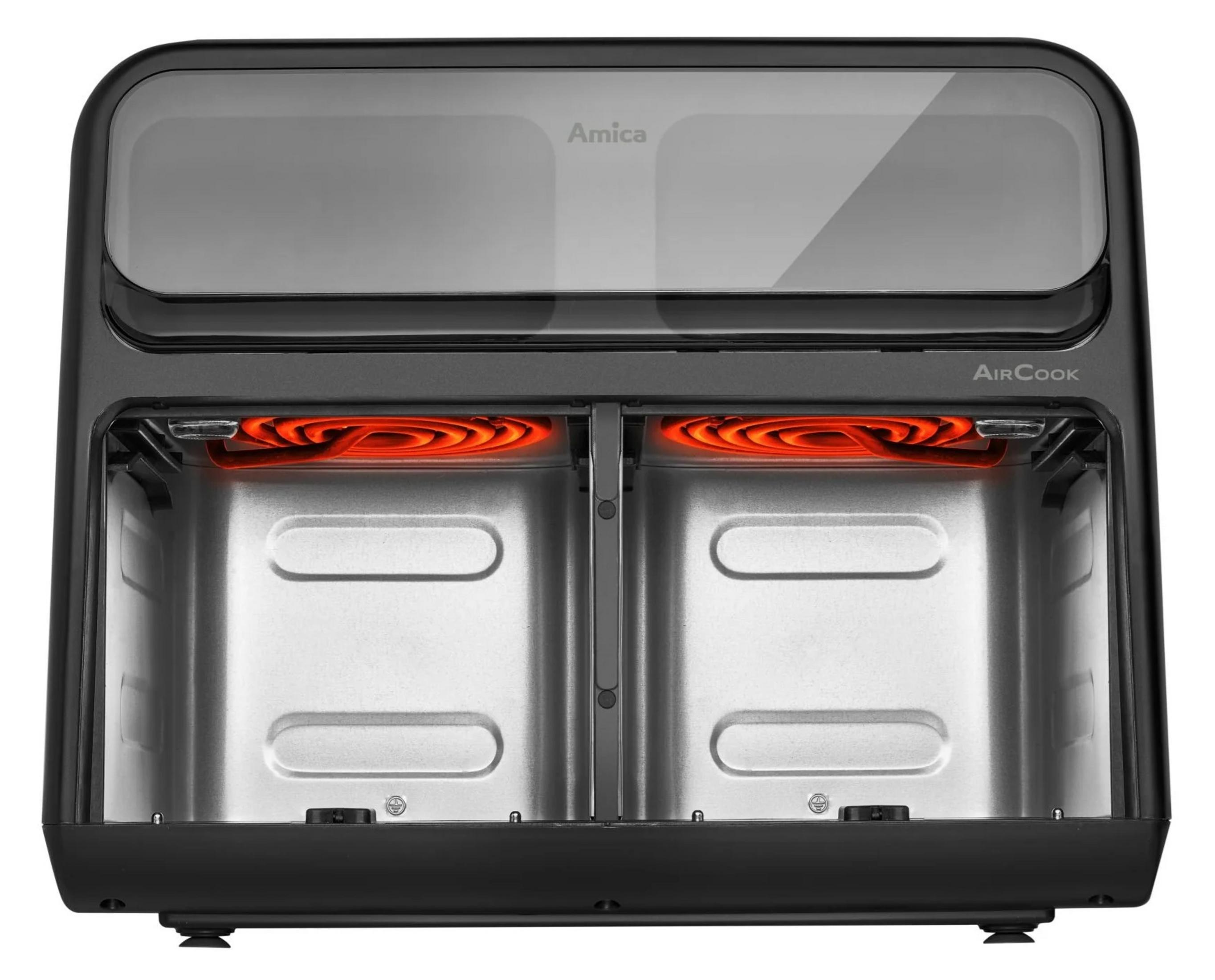 Una Amica AirCook nera con due resistenze e cassetti argentati.