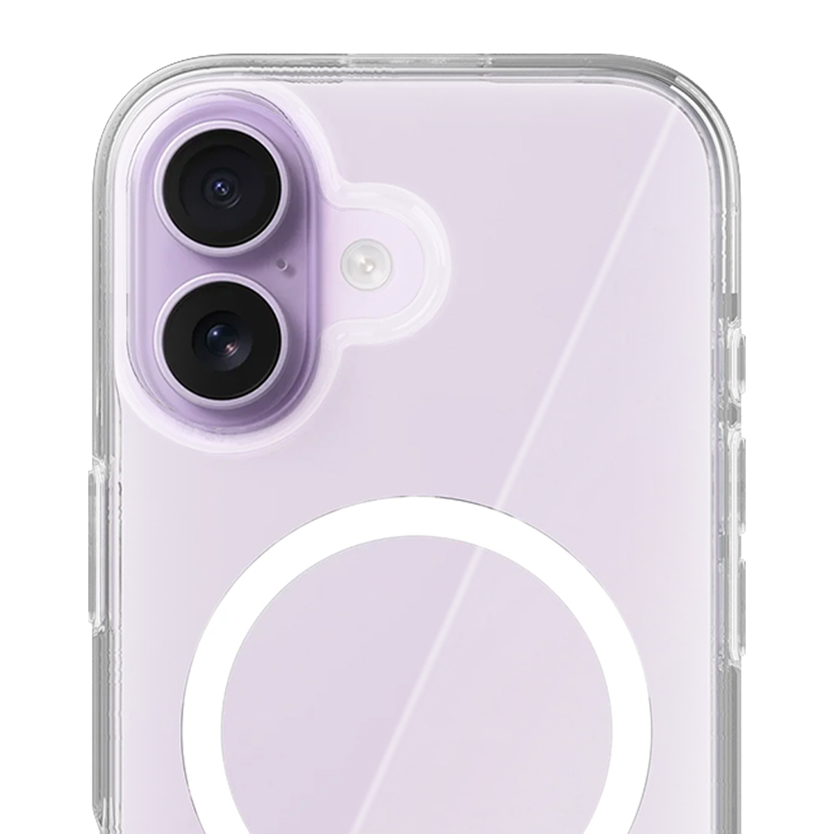 Un iPhone viola con due fotocamere e un cerchio bianco sul retro.