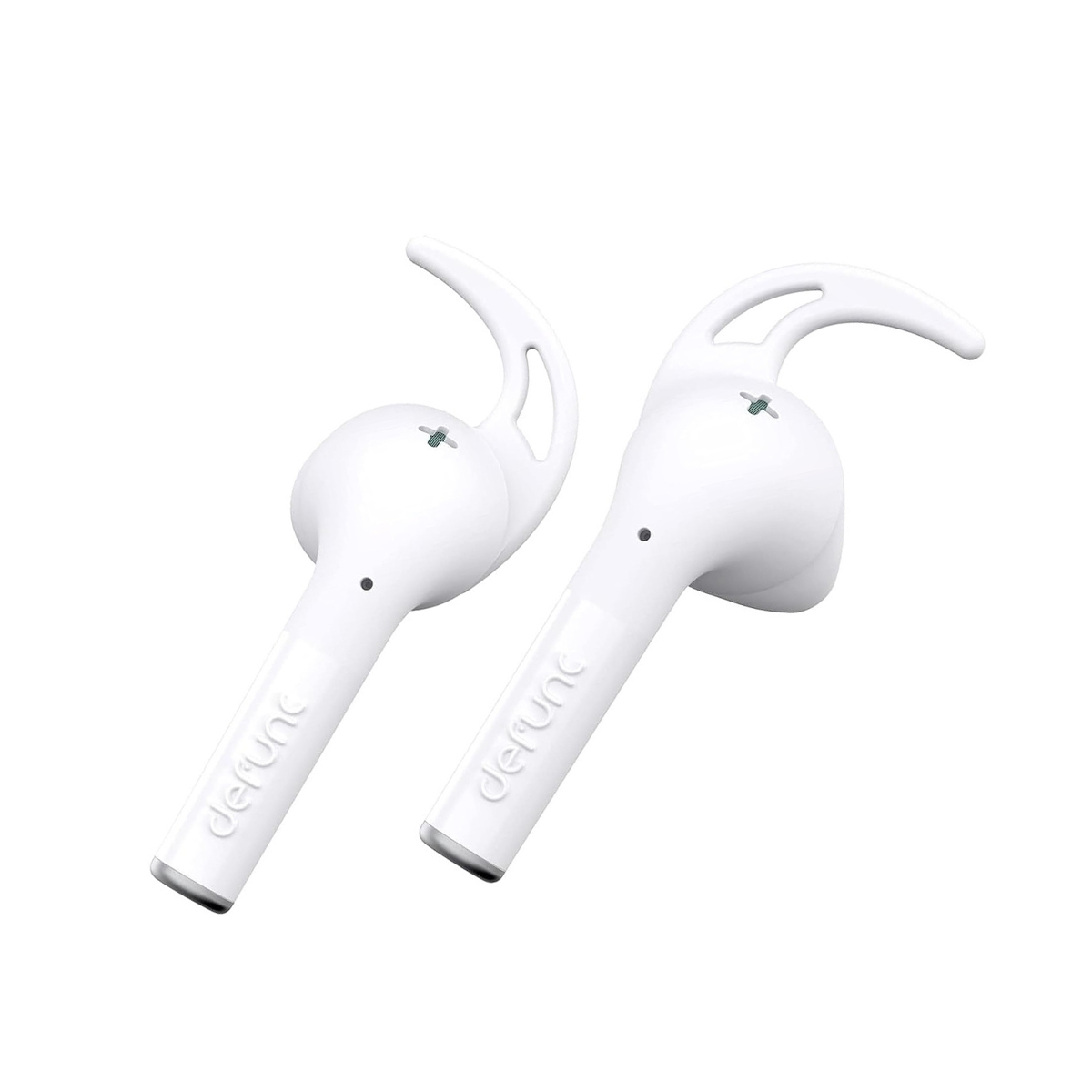 Due auricolari wireless bianchi con logo "defunc", su sfondo bianco.