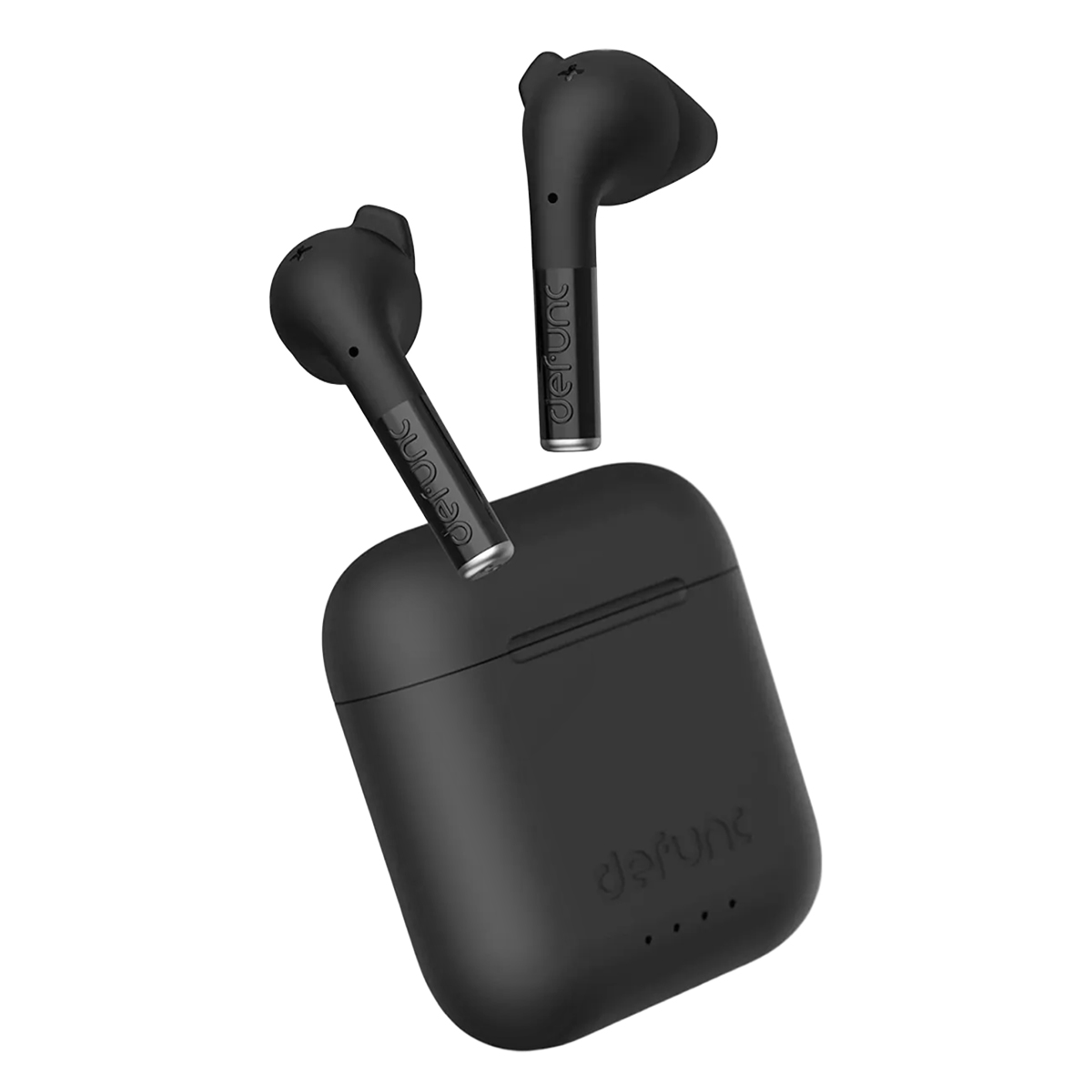 Auricolari wireless neri con custodia di ricarica, su sfondo bianco.